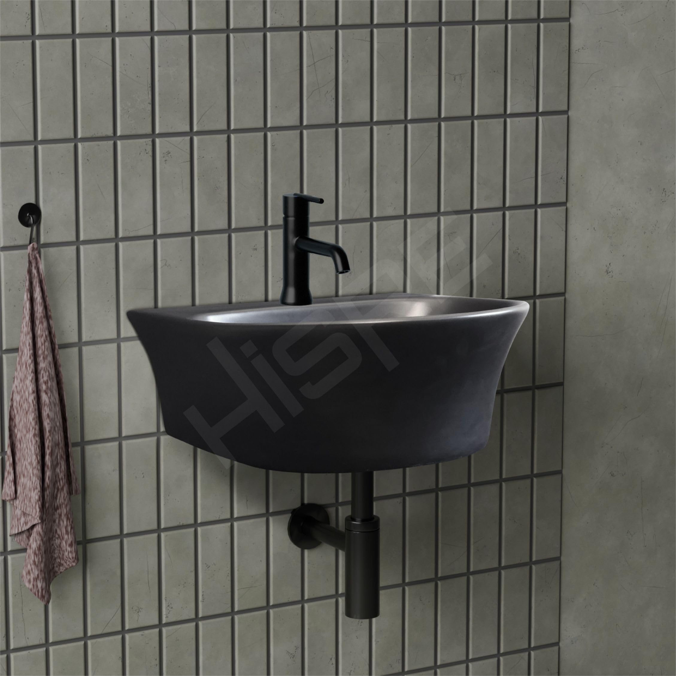 HISRE Wall Mount Wash Basin 13x14x5 Inch | Modern Black and Marble Design Ceramic Sink | Rectangular Bathroom Basin for Home, Office & Hotels, photo 3 of 5