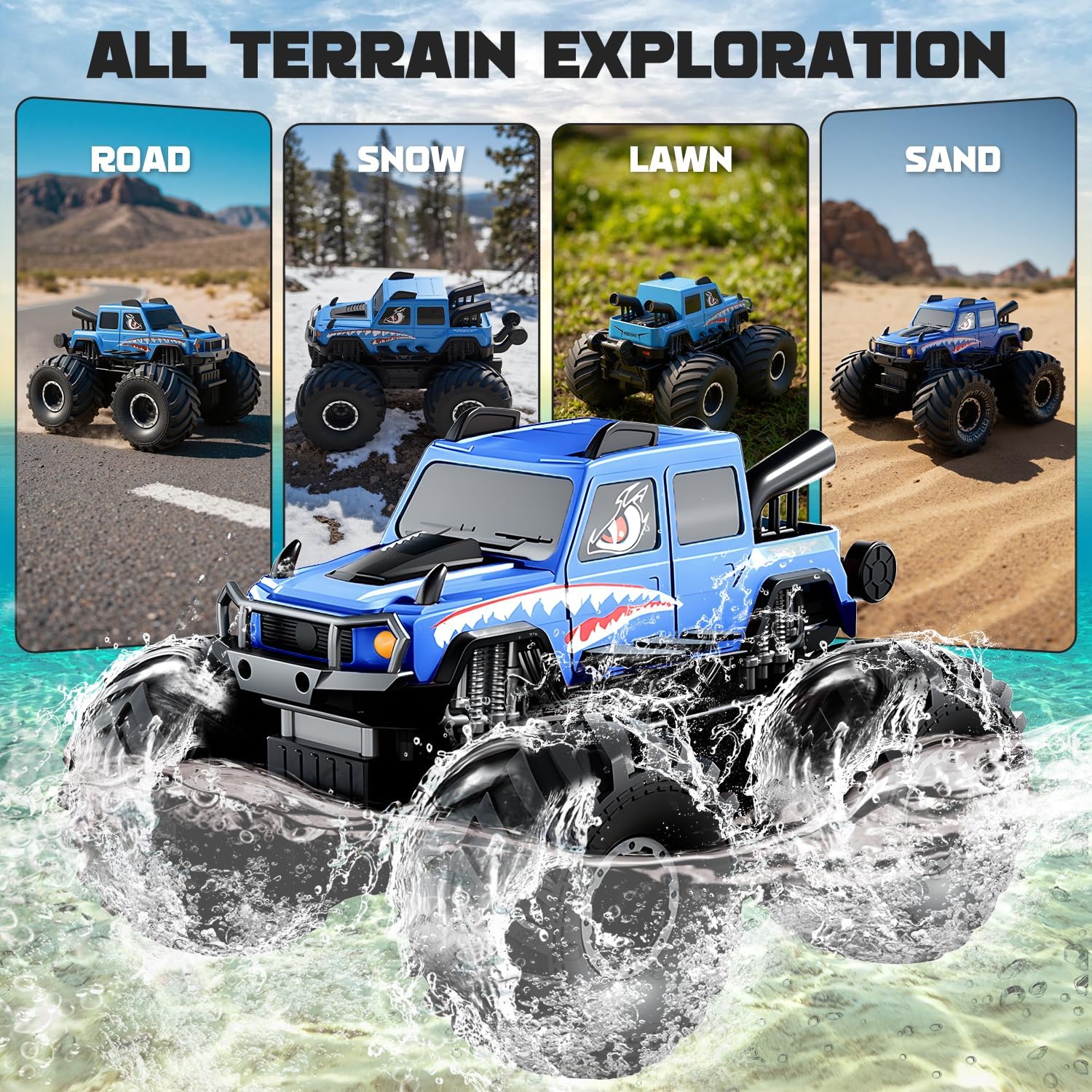 Amphibious Remote Control Trucks,2.4G 1:18 4WD All Terrain Off-Road Waterproof Monster RC Cars Pool Toys Hobby RC Vehicle Christmas Birthday Gifts for Kids Boys Girls 8 9 10 11 12+ Bule