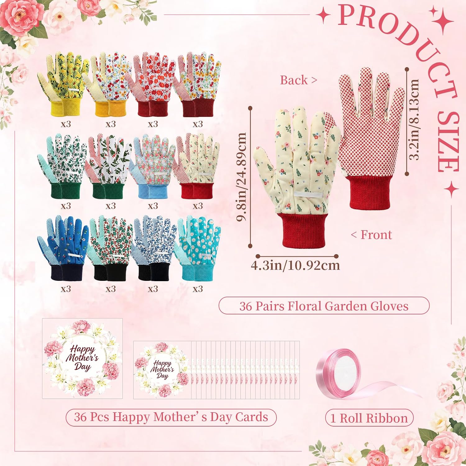 Sliner 36 Sets Mother's Day Gardening Gifts Bulk Floral Gardening Gloves Set Soft Breathable Yard Work Gloves with Gift Tags Ribbon for Women Ladies Mom Law Plant Lover