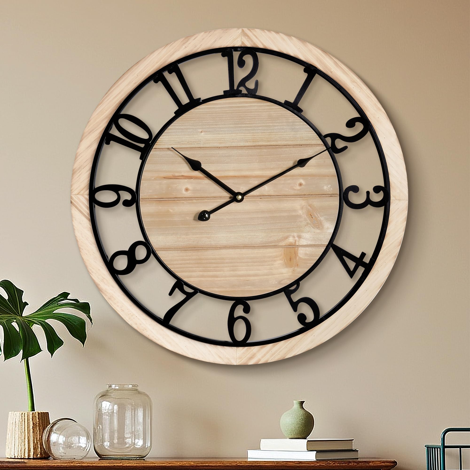 Maxstar 76cm Wall Clock For Living Room Decor, Silent Rustic Wooden Farmhouse Wall Clock with Metal & Real Wood Frame, Battery Operated, For Kitchen Bedroom Office, Arabic Numerals