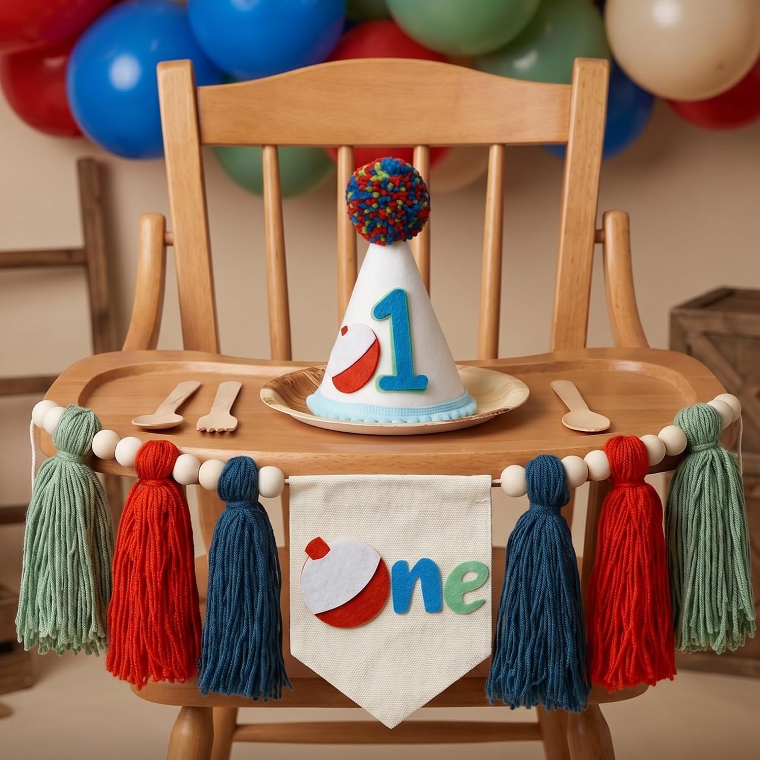 Ofishally One Birthday Decorations O Fishally ONE High Chair Banner with Birthday Hat Fishing First Birthday Decorations for Summer Boy (Red Blue) image 5