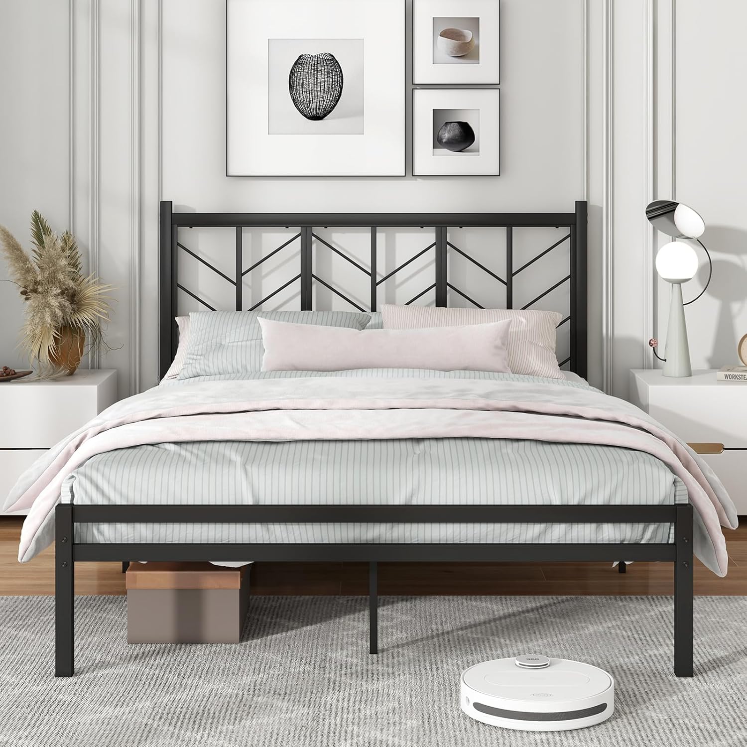 Giantex Queen Size Platform Bed Frame with Vintage Headboard, 12 Inches Metal Mattress Foundation for Storage, No Box Spring Needed, Easy Assembly, Black