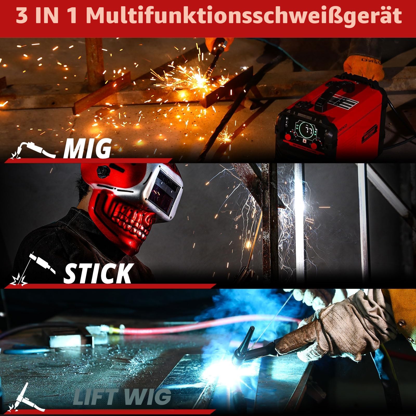MIG Schweißgerät 135Amp: DEKOPRO 220 Volt Flusskern MIG/Lift TIG/Stick 3-in-1 Schweißmaschine IGBT-Wandler Portable Set für Hausbesitzer und Heimwerker
