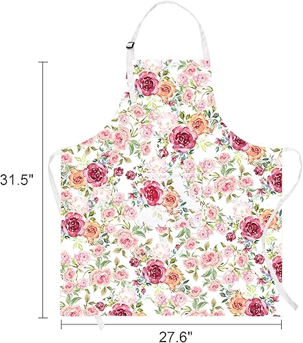 Miniatura 7 de Claswcalor Delantal de flores rosas con bolsillos, delantal floral para cocinar, delantal de cocina con rosas de acuarela para mujer, delantal