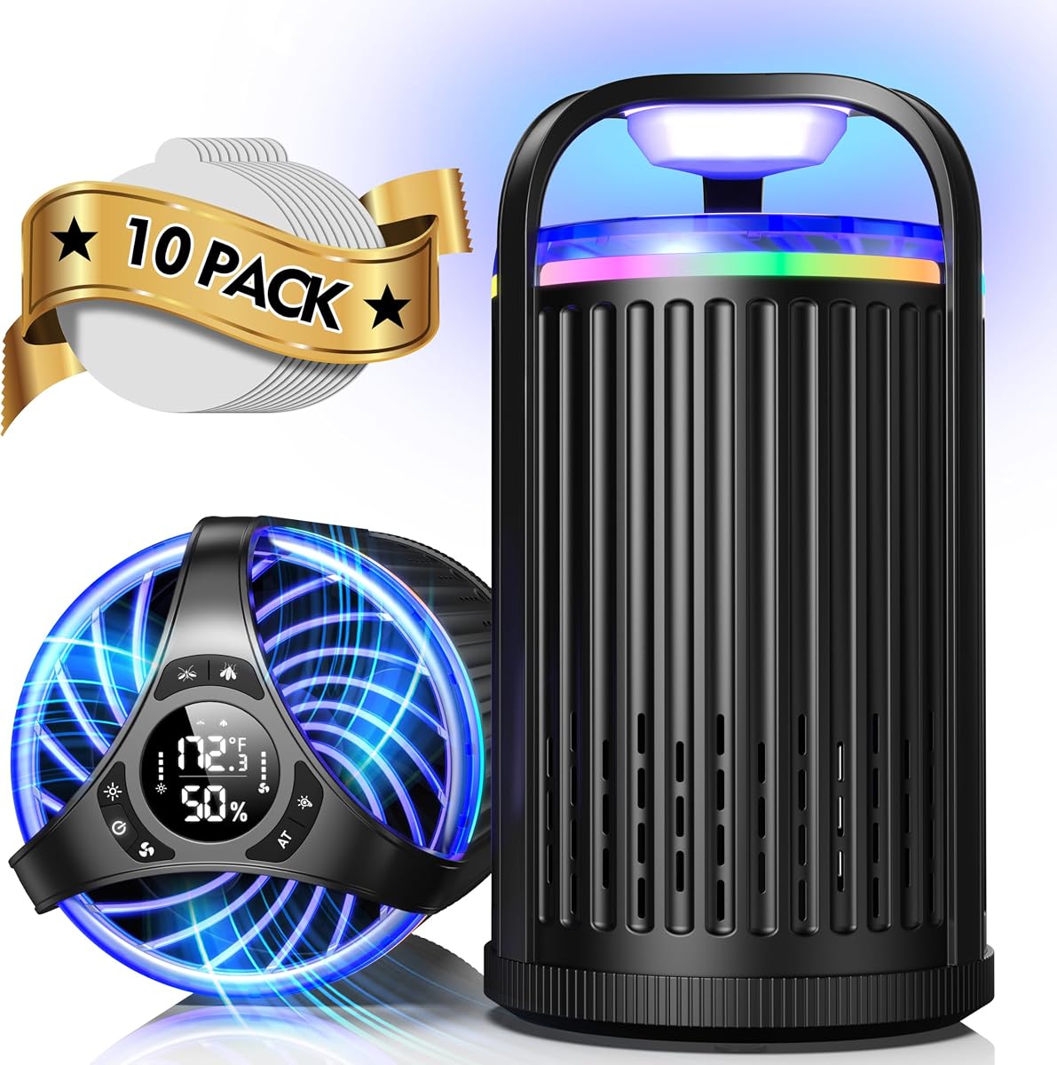 Fly Trap Indoor - Fruit Fly Traps for Indoors, Gnat Traps for House Indoor with 3-in-1 Multi-Insect Catching + UV&Blue Light + Fan Suction, Ideal for Garage/Kitchen/Patio/Plant Pots, 10 Refills, Black