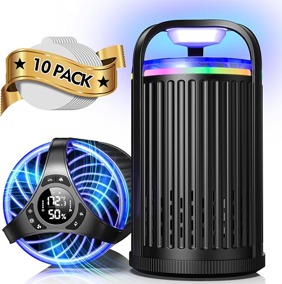 Fly Trap Indoor - Fruit Fly Traps for Indoors, Gnat Traps for House Indoor with 3-in-1 Multi-Insect Catching + UV&Blue Light + Fan Suction, Ideal for Garage/Kitchen/Patio/Plant Pots, 10 Refills, Black