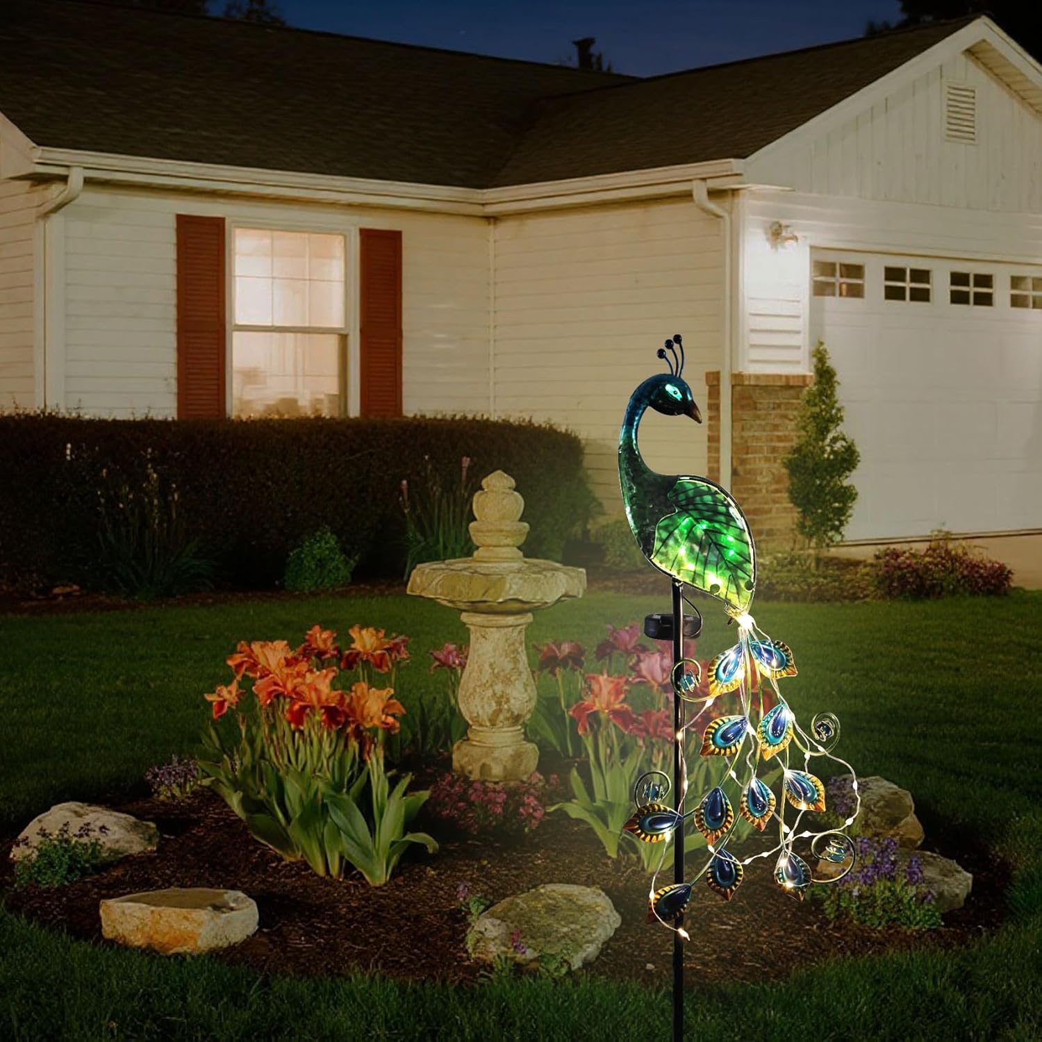 Solar Peacock Garden Stake Lights Outdoor, Waterproof Metal Glass Decorative Landscape Path Lights with Thick Stake Glow in The Dark Eye for Pathway Patio Lawn Yard