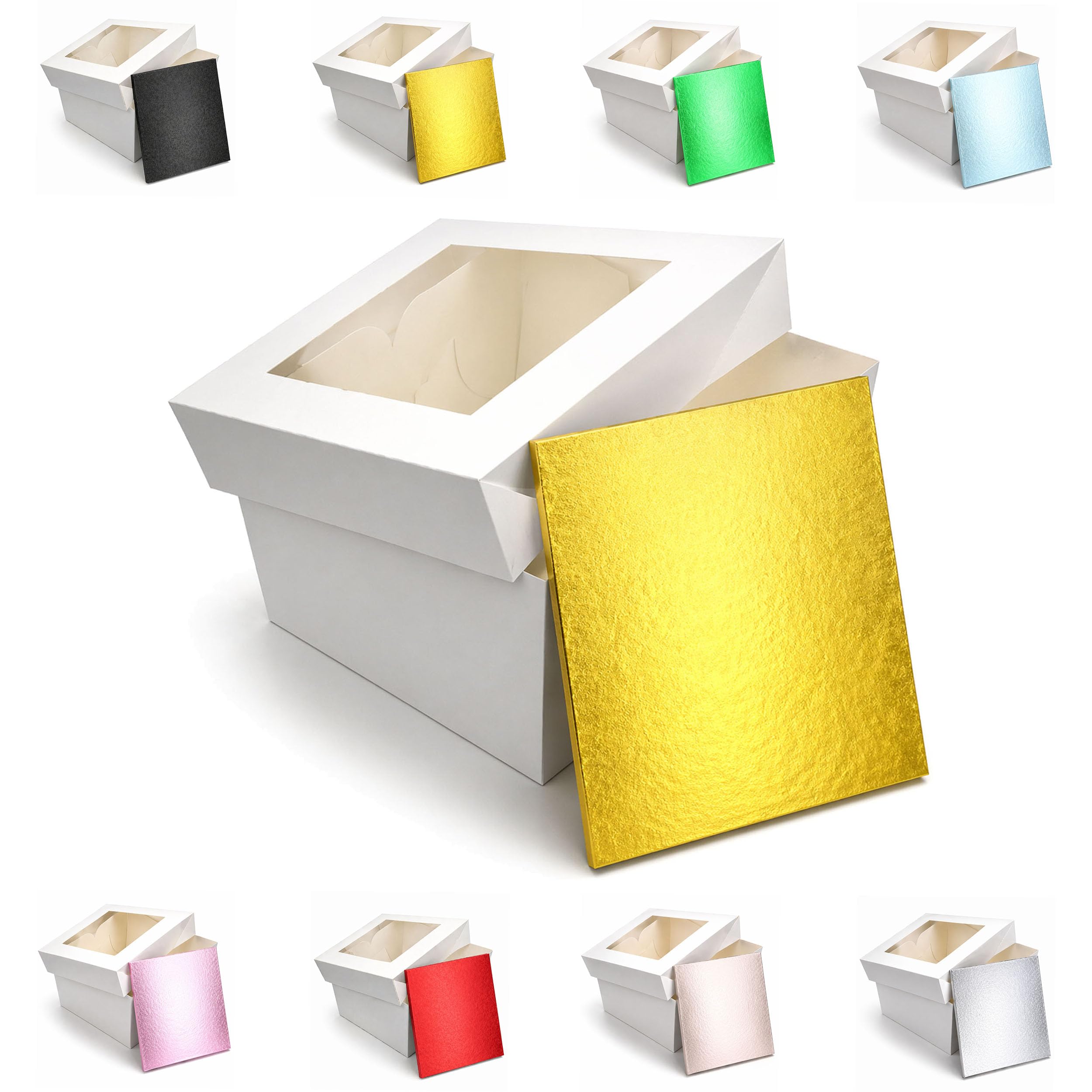 LARRYROO Square Colour Cake Drum Board & White Box with Clear Display Window + Lid Combo Pack for Wedding, Birthday Cakes (Gold, 14 Inch)
