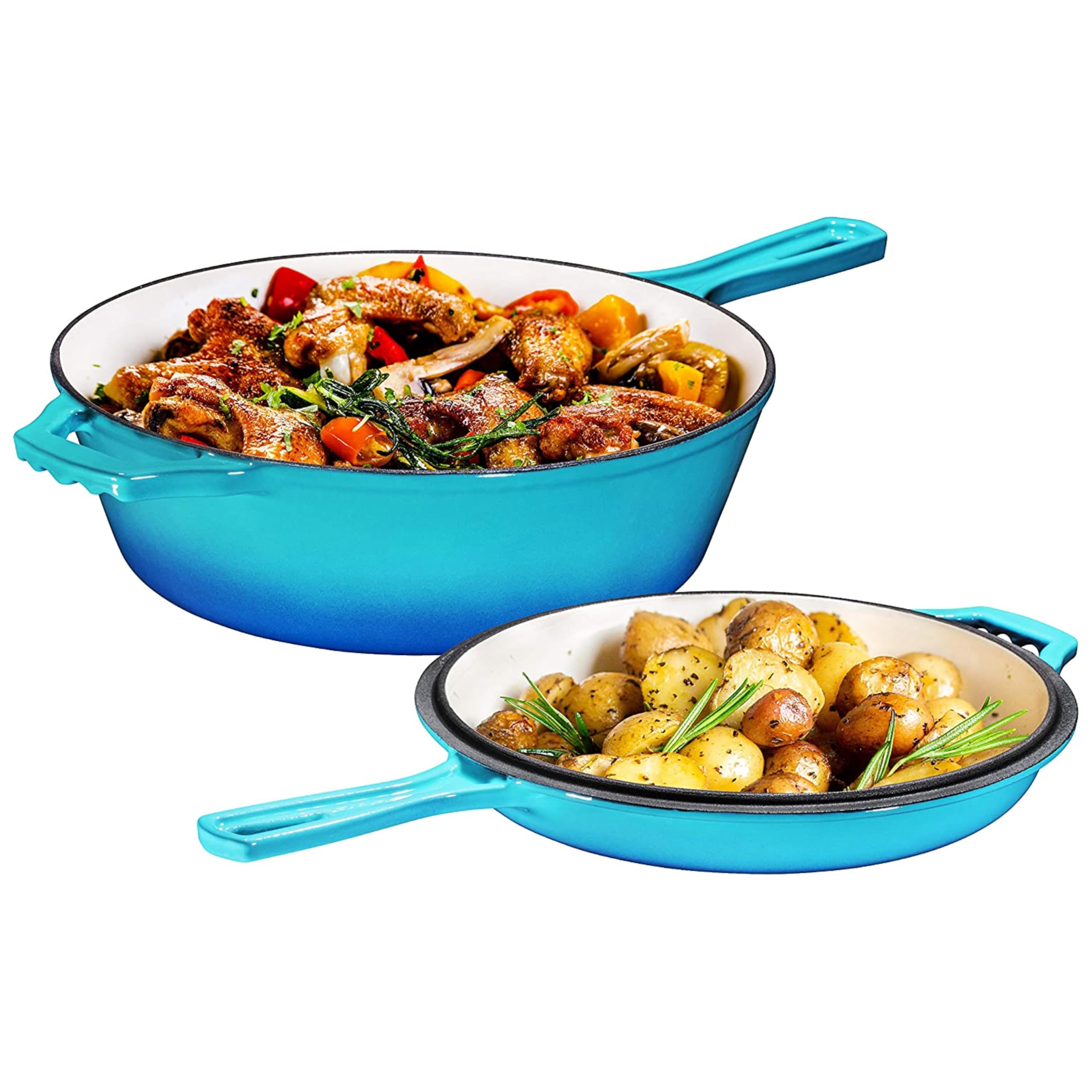 Bruntmor 2 in 1 Enameled cast iron pot with lid, 3QT Cast Iron Dutch Oven & Skillet Combo, Enameled Cast Iron Cookware with Lid, Perfect for Braising, Casseroles and Slow Cooking - Caribbean Blue