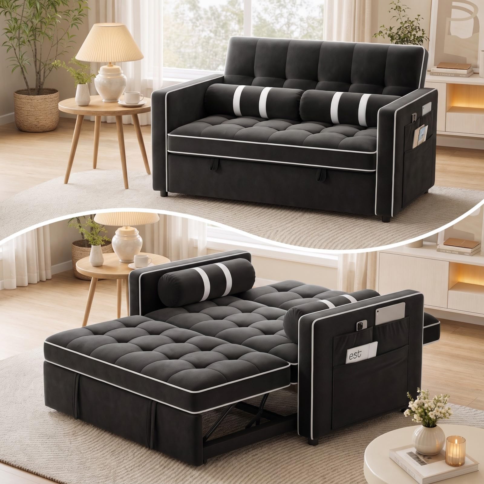 Marsail 3-in-1 Convertible Futon Sleeper Sofa Bed, Pull Out Couch with Adjustable Backrest, USB Charging & Side Pockets, Velvet Fabric Sofa for Living Room, Apartment, Loveseat, Black