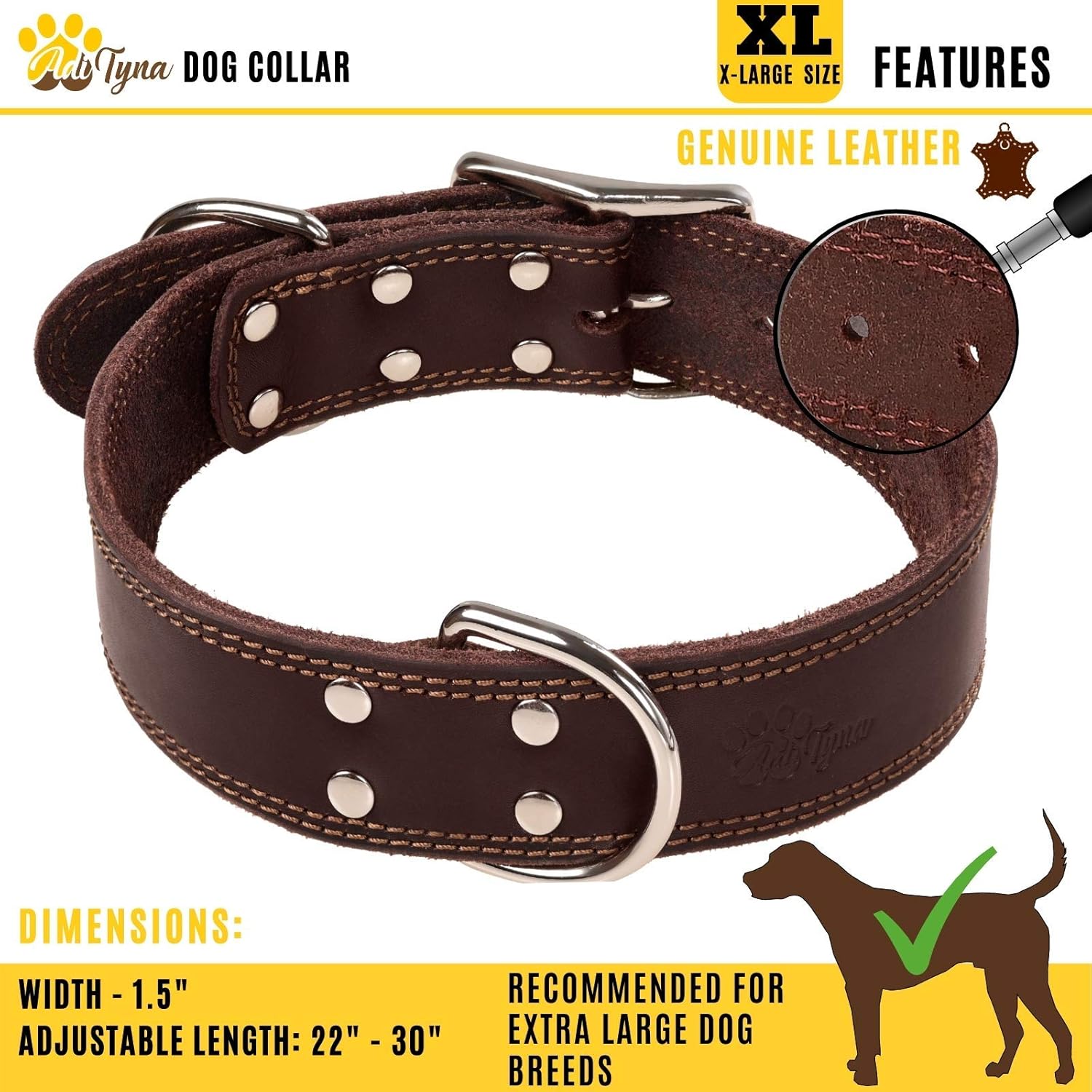 Brown Leather Dog Collar and Leash Set - Leather Dog Leash 6 Foot x 1" and Dog Collar for Extra-Large Dogs