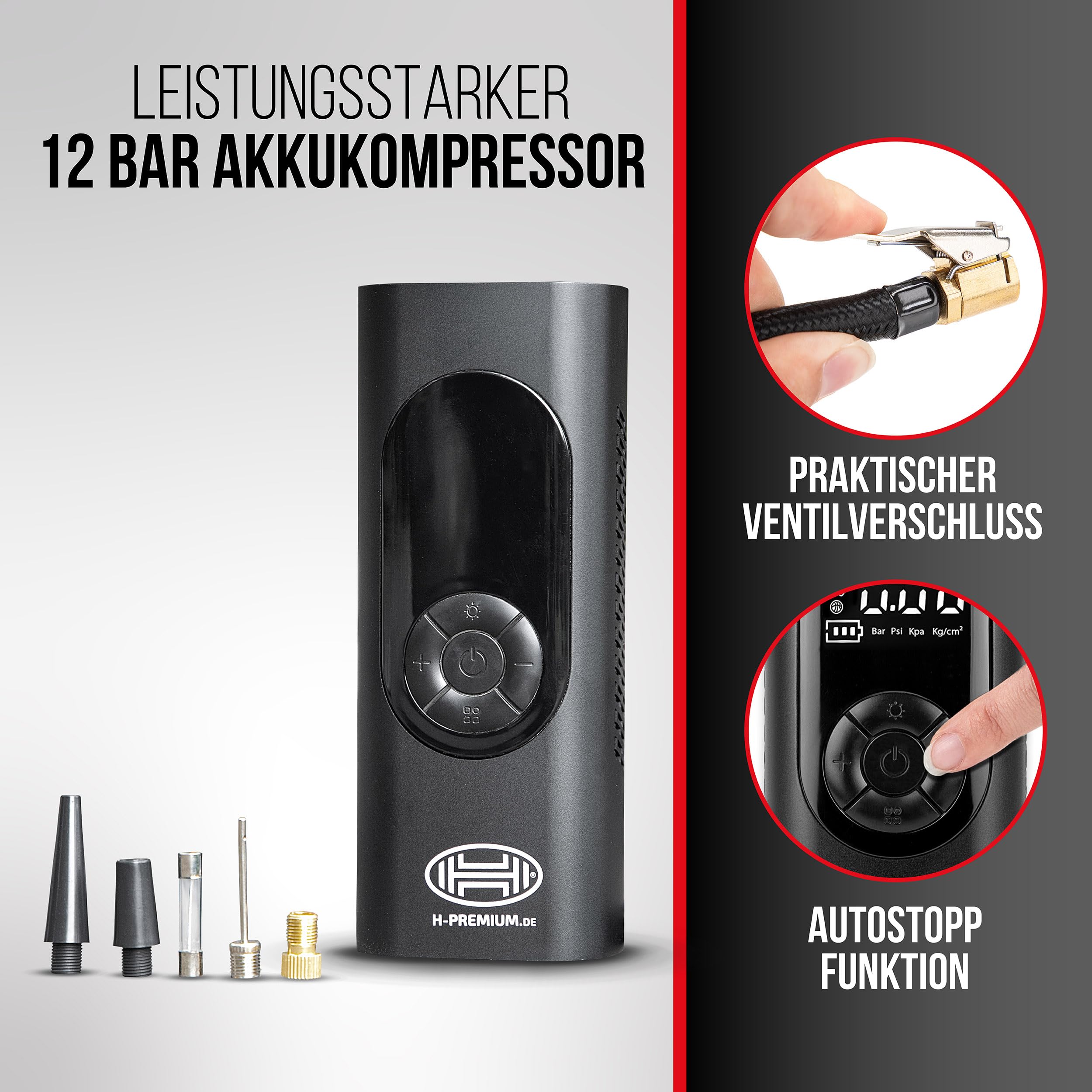 HEYNER® Luftkompressor mit 6000 mAh Akku, 10 bar, Auto-Stopp, LCD-Anzeige | Livebetrieb über 12 V am Fahrzeug, Powerbank mit 5 V / 2 A, LED-Licht mit SOS-Signal, Für Auto, Motorrad, Fahrrad und Camping