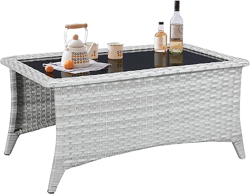 Belord Mesa de centro para exteriores con parte superior de vidrio templado, mesa rectangular de mimbre gris claro, mesa de centro de ratán tejida a