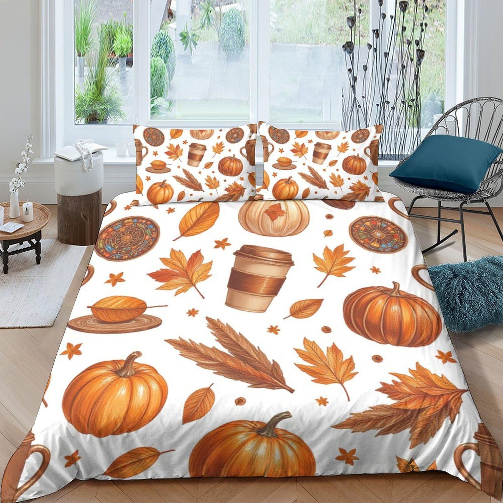 Ctjqhvkz Style-5 3D Printed Pumpkin Leaves Fitted Sheet Microfiber Soft Autumn Coffee Bed Cover For Bedroom Guest Room Decor Single（135X200cm）