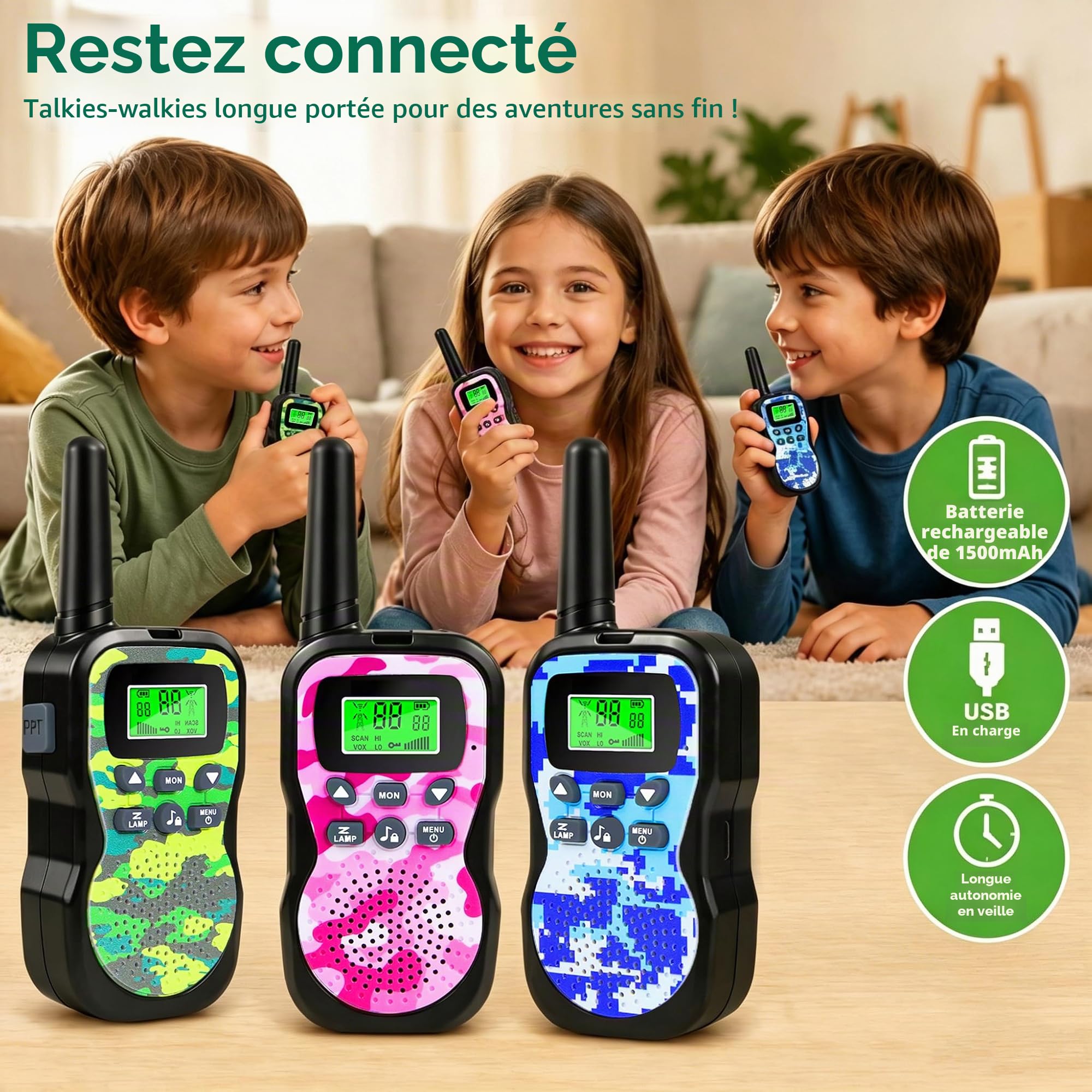 JUAUO 3PCS Talkie Walkie Enfants Rechargeable, 8 Canaux Radio à 2 Voies Talkie-Walkie Longue Portée 3 KM, Cadeaux d'anniversaire pour Garçons Filles, Jouets de Plein air pour Enfants de 3 à 12 Ans