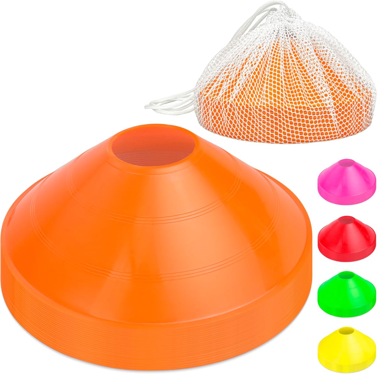 Conos deportivos premium para ejercicios y entrenamiento de agilidad - Paquete de 20 con bolsa - Naranja, verde, rosa, amarillo o rojo