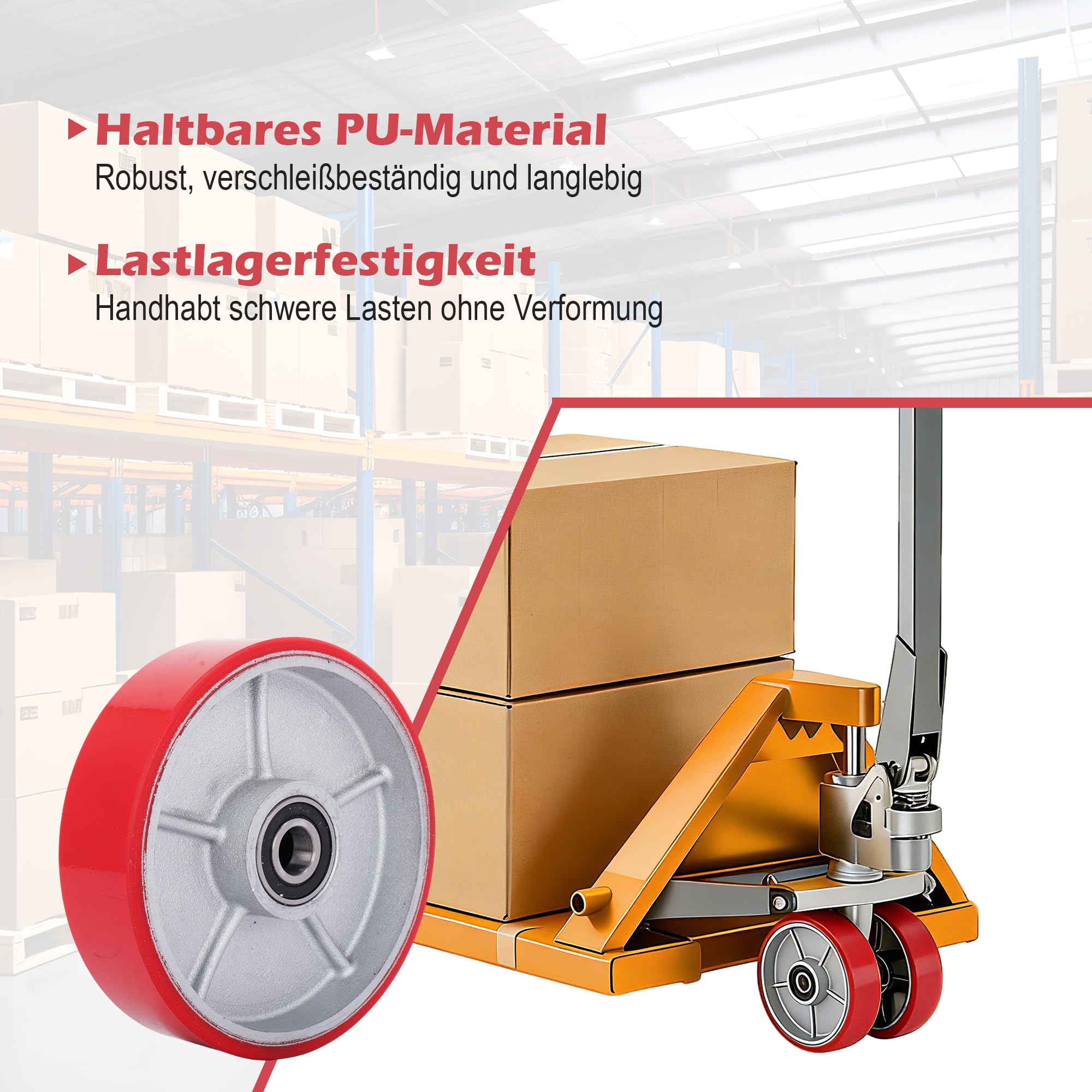 2 ruote per carrello sollevatore in poliuretano 180 x 50 mm, asse 20 mm, cuscinetti a sfera per carrello sollevatore, ruote di ricambio, fissatore, ruote per pallet, carico massimo 3000 kg