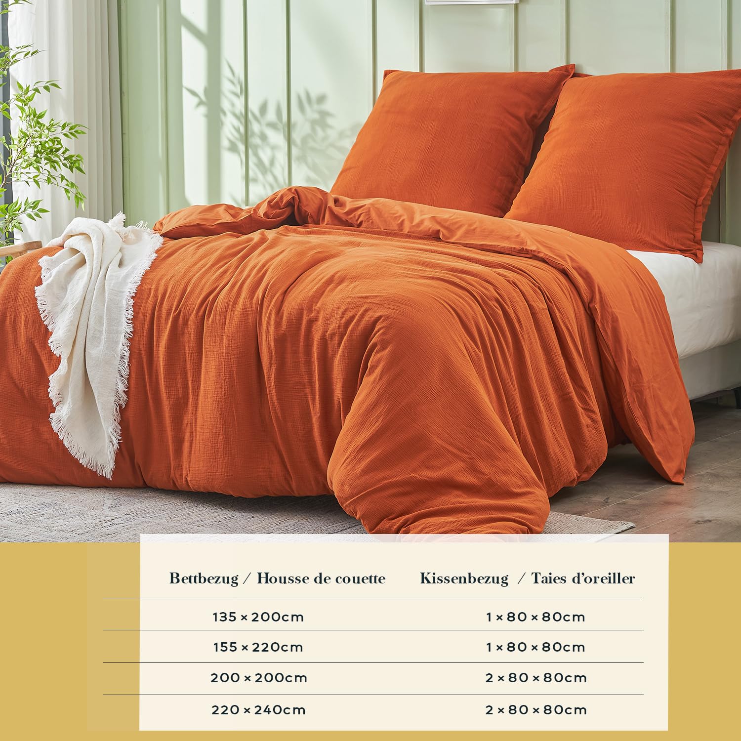 Simple&Opulence Ropa de Cama de Muselina de algodón, Juegos de Cama Extra Suaves y Transpirables, Funda nórdica Oeko-Tex con Cremallera y 1 Funda de Almohada 80x80cm, Naranja Quemado, 155×220cm