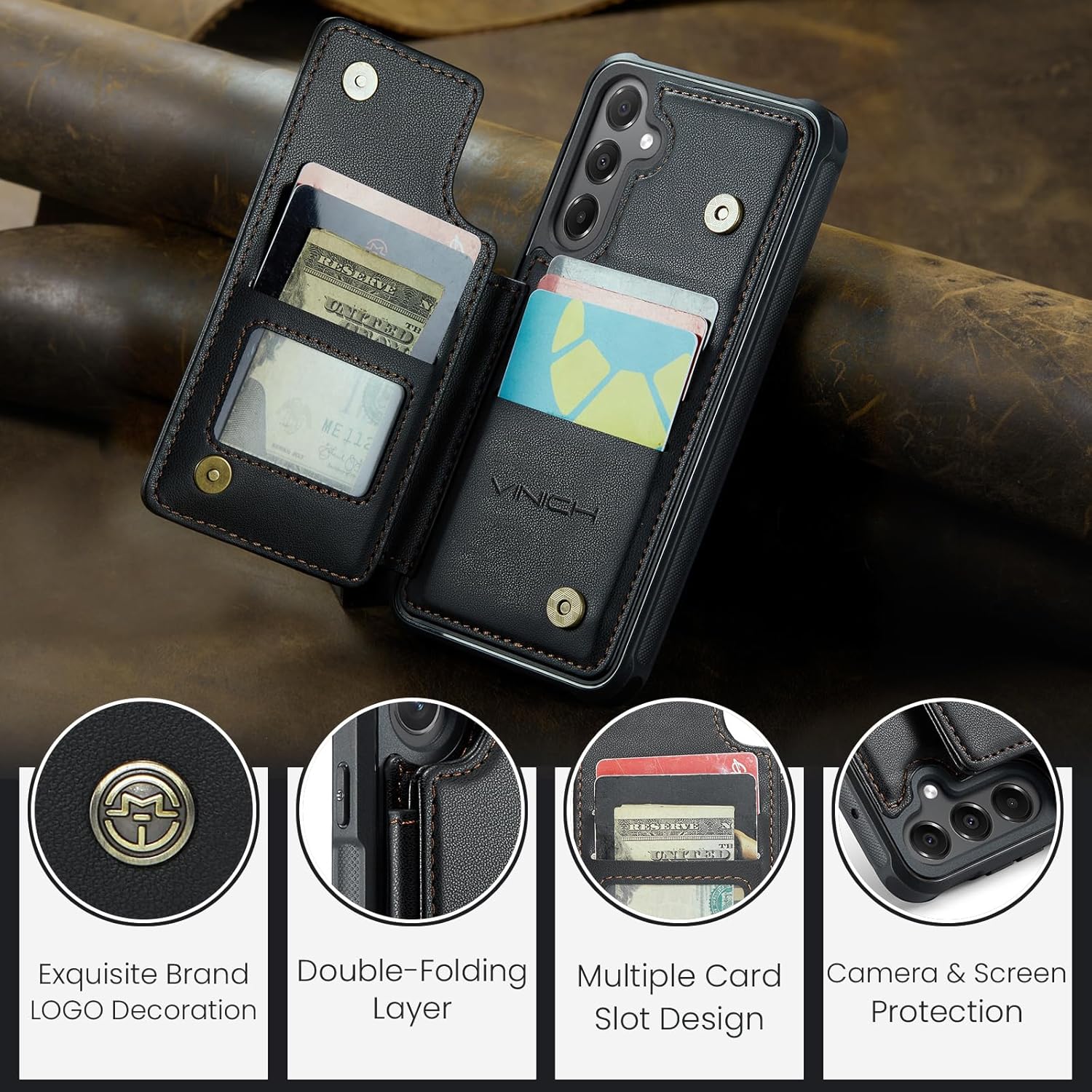 Vinich for Samsung Galaxy A16 Wallet Case with Card Holder, RFID Blocking Credit Slots Kickstand Shockproof Phone Cover Fit for Galaxy A16 6.7" Black - Image 8