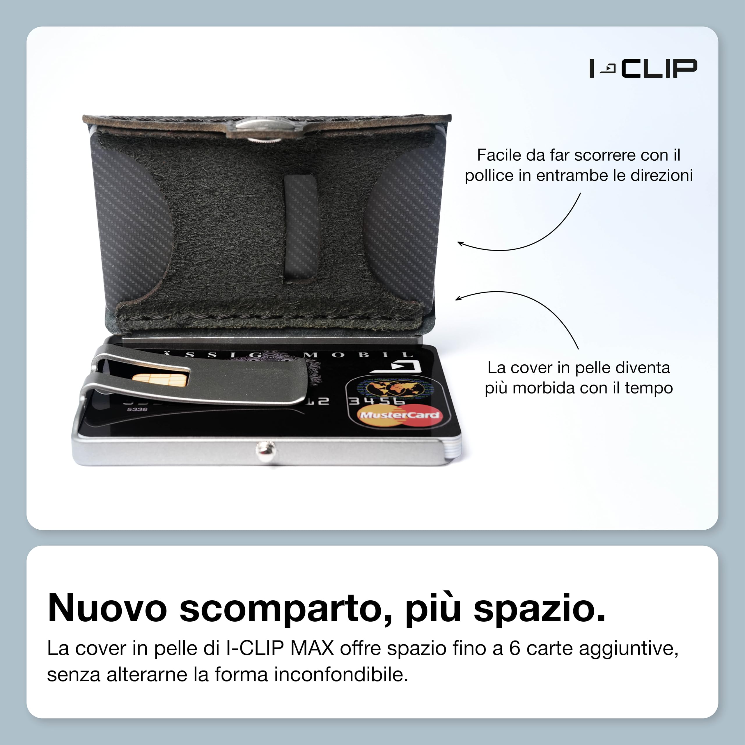 I-CLIP MAX Original Portafoglio Uomo Slim Banconote, Mini Wallet fino a 16 Carte e 30 Banconote, Portafoglio leggero e versatile, Pelle Martellata Nero, Telaio Argento