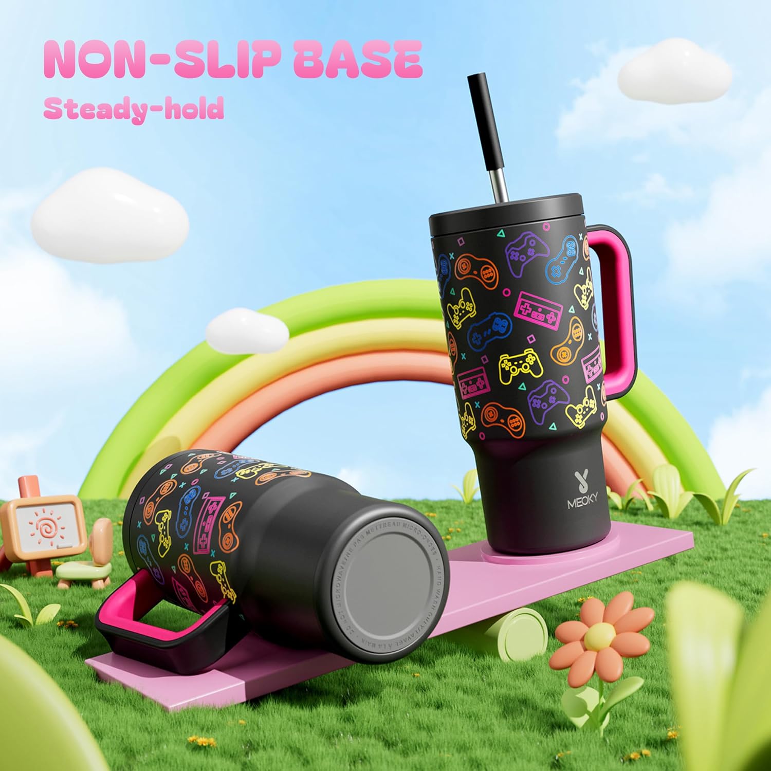 Meoky 24 oz Tumbler with Handle for Kids: Glow in the Dark Tumbler with Lid and Straw - Keeps Cold for 24 hours - Stainless Steel Travel Mug BPA-Free for Travel Car Cupholders - Boys Students, Game - Image 5