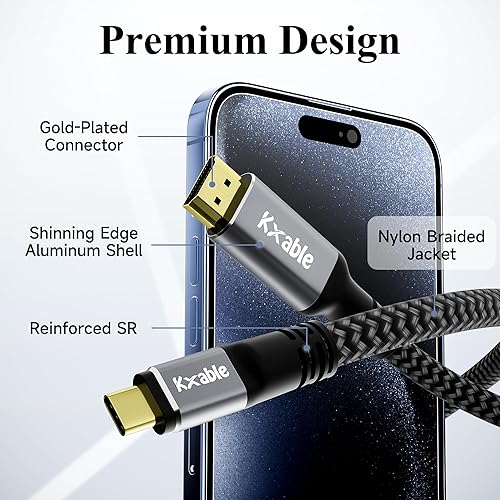 Miniatura 9 de Cable USB C a HDMI 2.1 de 8K de 25 pies, (8K 60 Hz, 4K a 120 Hz, HDR), cable trenzado, compatible con Thunderbolt 34, para iPhone serie 15, MacBook