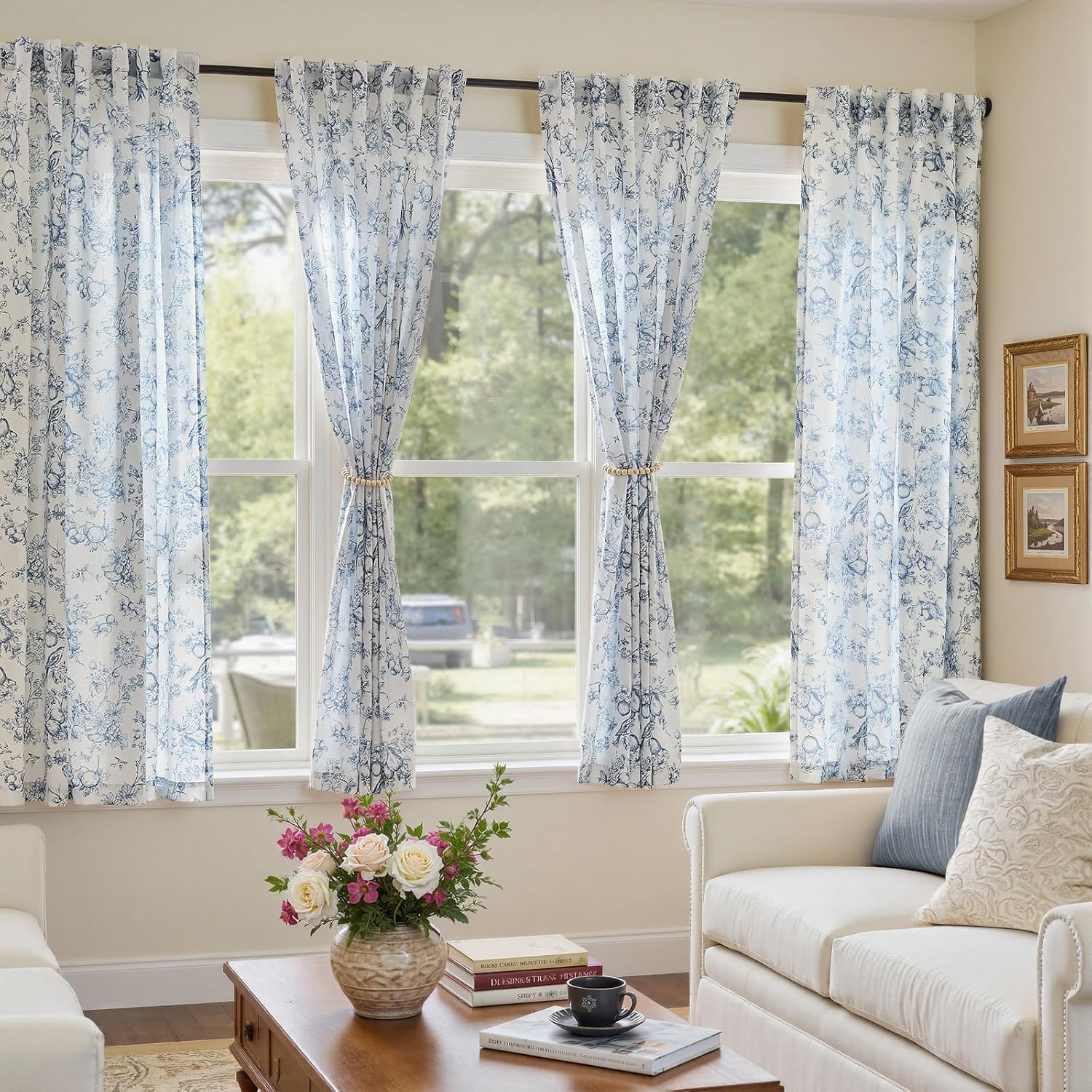 Vangao Linen Floral Curtains for Living Room 63 Inch Length Toile Blue and White Drapes French Country Back Tab Light Filtering Printed Bedroom Decor Rod Pocket Window Treatments 2 Panels Set