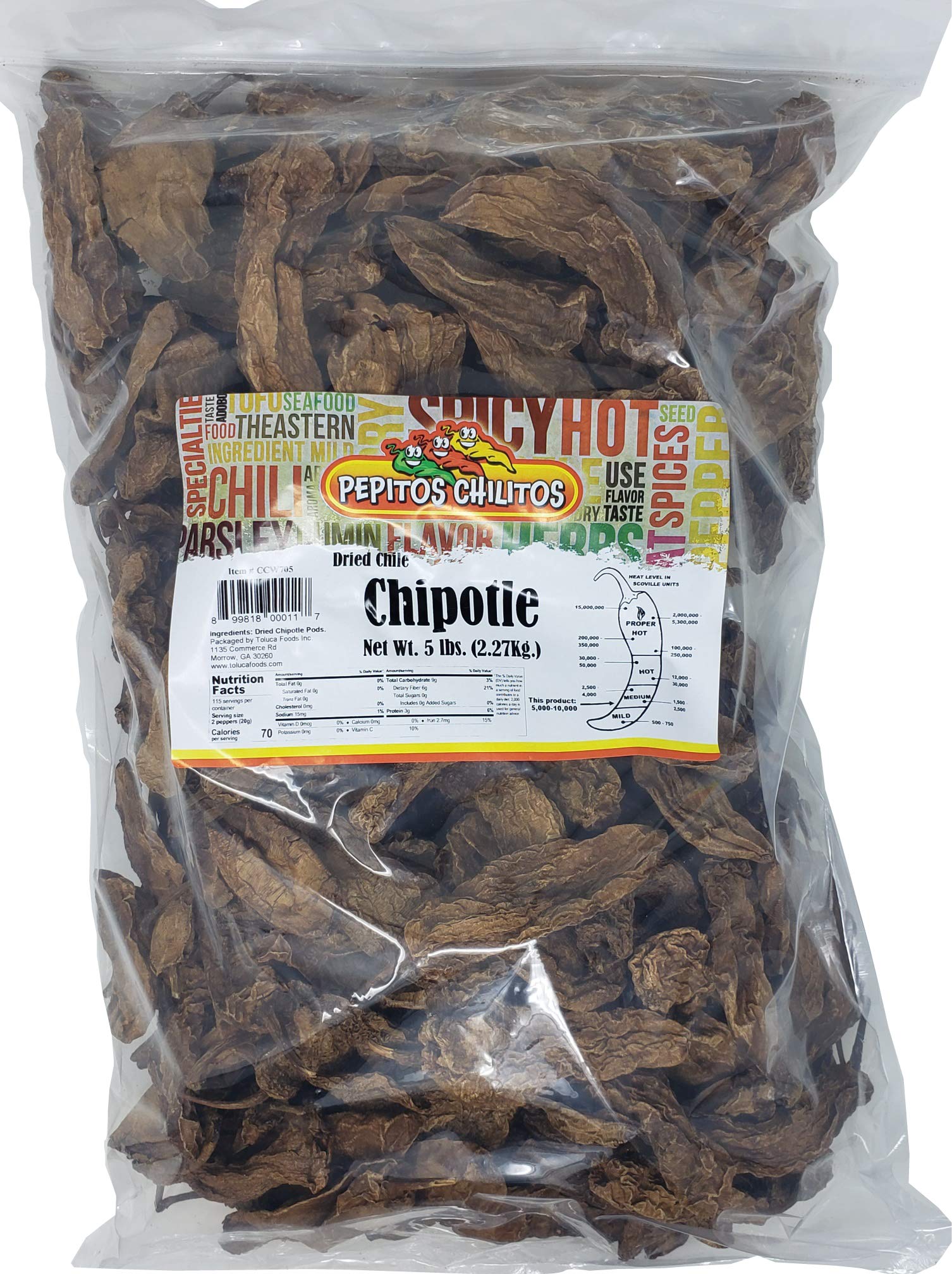 PEPITOS CHILITOS/Chile Chipotle Whole 5LB Resealable Bag - Natural and Premium - Great For Mexican Recipes Like Salsa, Tamales, and Stews.