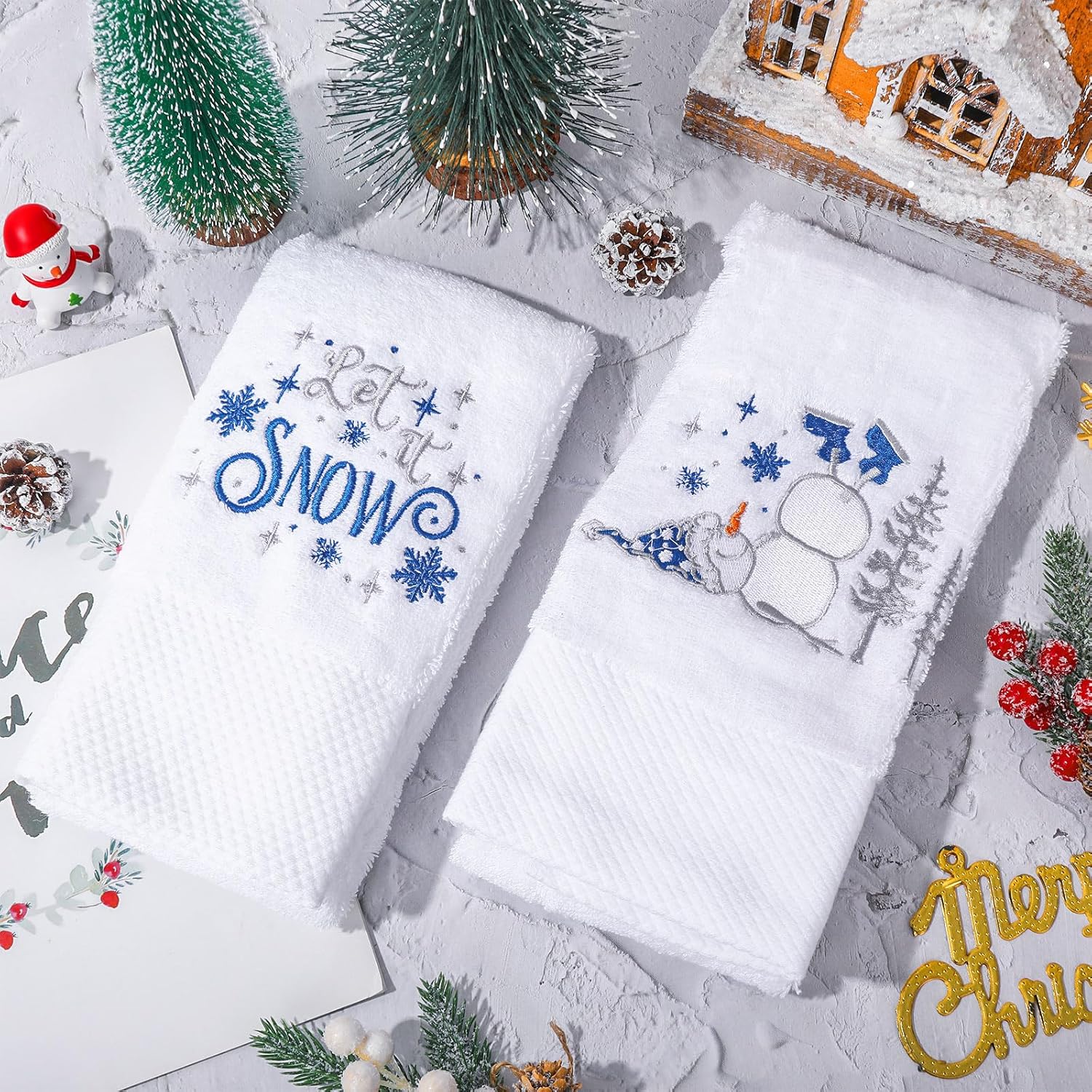 JarThenaAMCS 2Pcs Winter Hand Towels Cotton Dish Towels Christmas Snowman Embroidered Snowflake Bathroom Towels with Blue Ribbon for Drying Cleaning Cooking, 29.5 x 13.7 Inch - Image 4