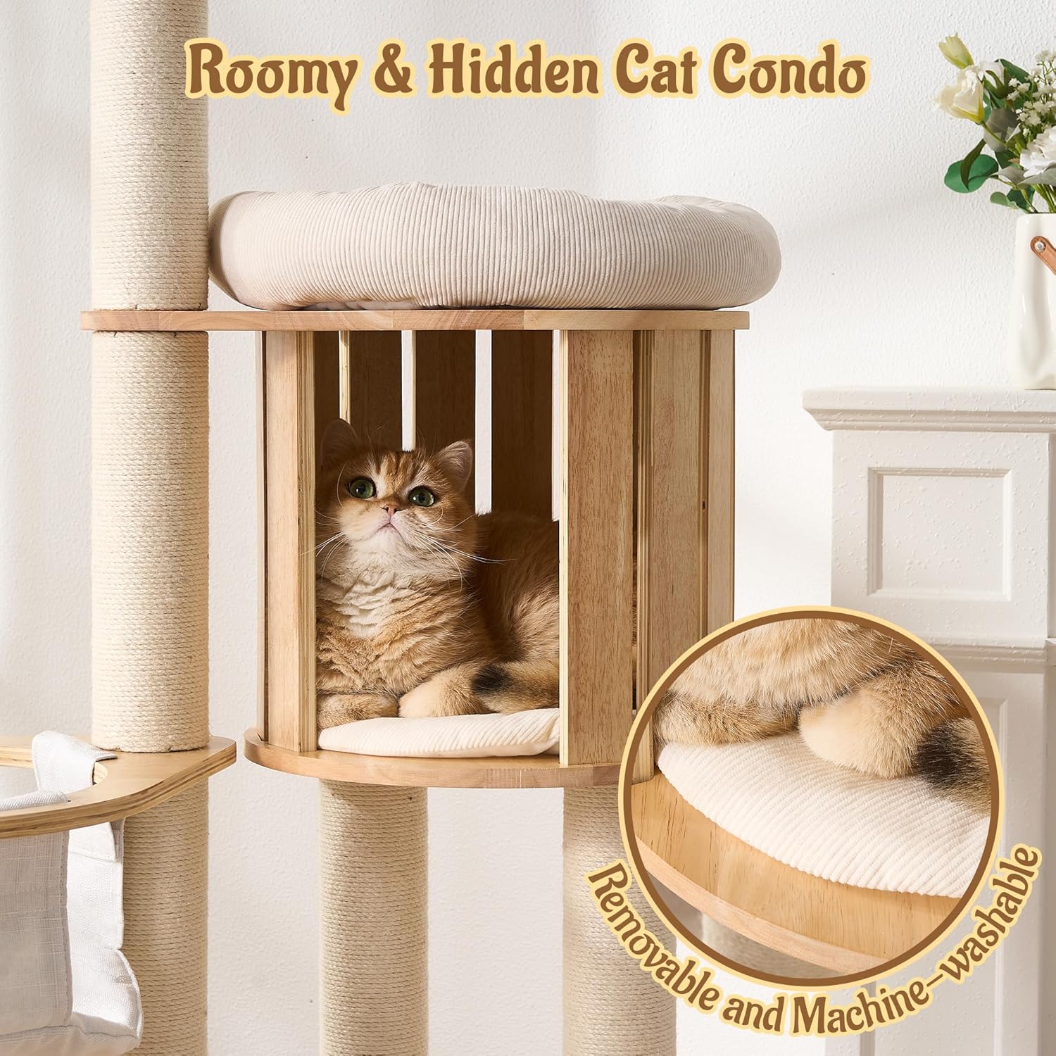 Modern Cat Tree Tower with Scratching Post, 61.5in Tall Cat Tree for Indoor Cats, Multi-Level Solid Wood Cat Furniture with Cozy Cat Beds, Condo, Hammock, Capsule Nest, Turntable Toy, Natural