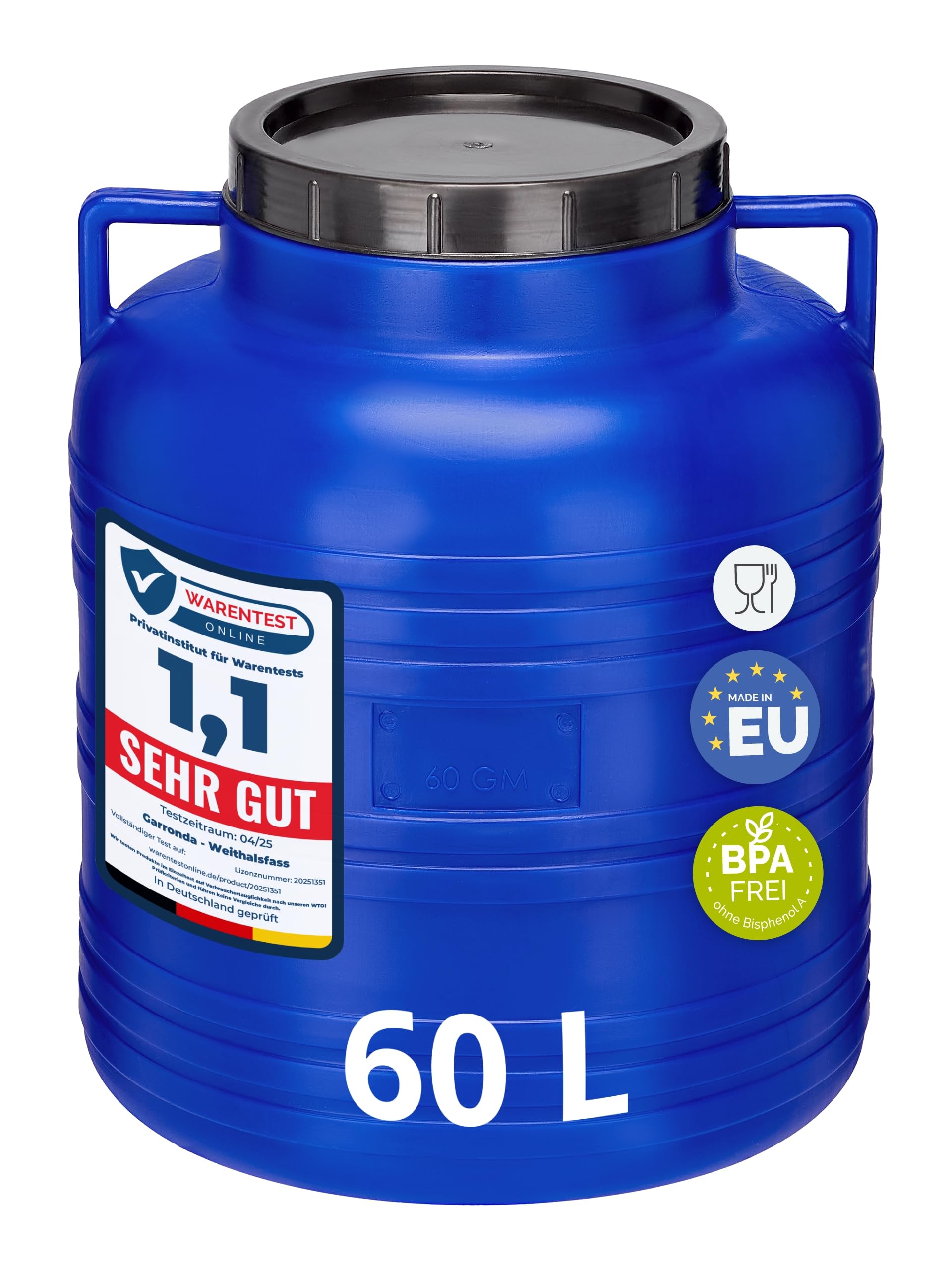 Garronda 60 Liter BPA-freies Fass und Futtertonne Weithalsfass Wassertank und Behälter mit Deckel für Sauerkraut sowie Surfass Pökelfass für Fleisch GD-0087 Blau