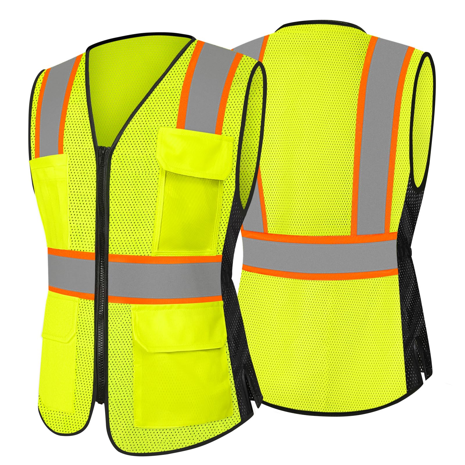 Besentinels 9 pockets Safety Vest for Women Class 2 Full Zip Womens Safety Vest, High Visibility Reflective for Construction Work, Warehouse, Utility