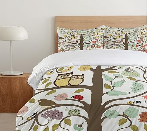 Miniatura 5 de Ambesonne Juego de funda de edredón con diseño de animales, árbol de estilo retro con flores, insectos y abejas, búho, pájaros, insectos, vintage