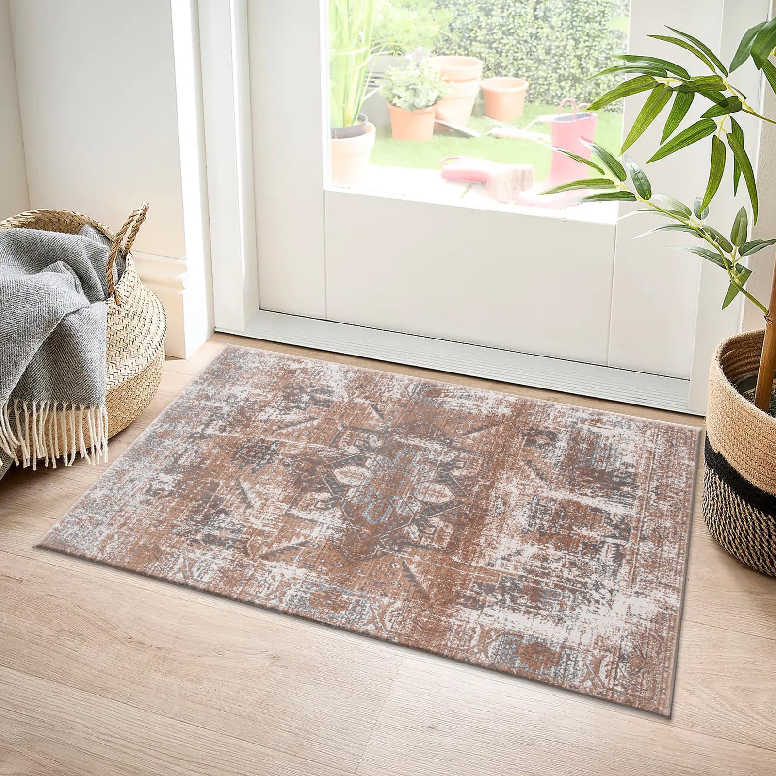 renoazulยฎ Back Door Mats Indoor With Jute Back, Vintage Rug - Wello 60 x 110 cm Beige - Hand Washable Rugs For Kitchen, Bedside Rugs and Entrance Door Mat โ image 1
