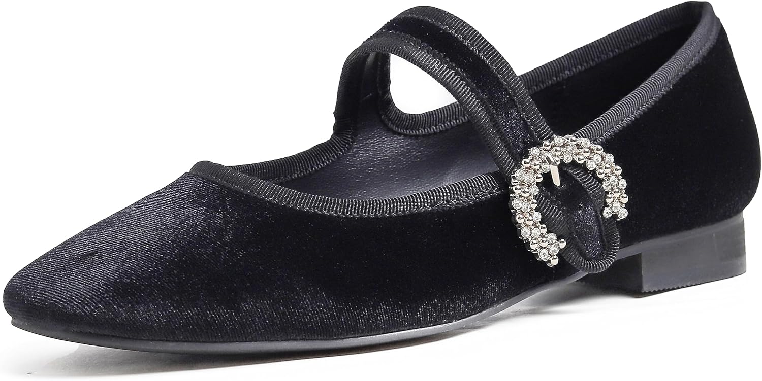 Sq Maryjane Black Velvet Rhinestone Buckle Stack Heel