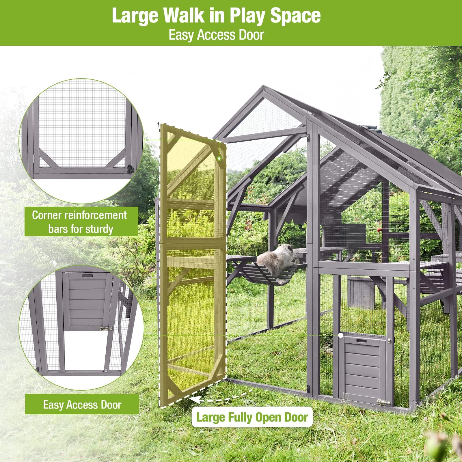 Catio - Casetta per gatti in legno, grande, per esterni, con tettuccio, 280 x 187,7 x 187,2 cm