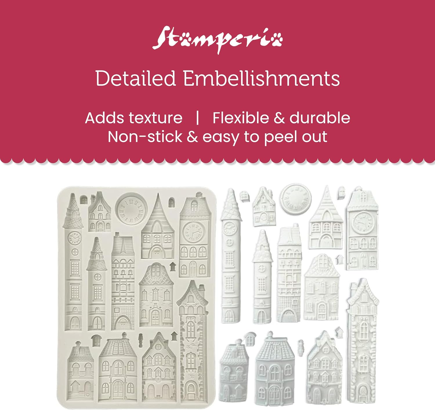 Stamperia - Silicone Mould A5 for Scrapbooking, Albums, Bullet Journals and More, Cosy Houses, Non-Stick, Suitable for Air-Dry Clay and More, Perfect for Crafts and Gifting (Gear up for Christmas)