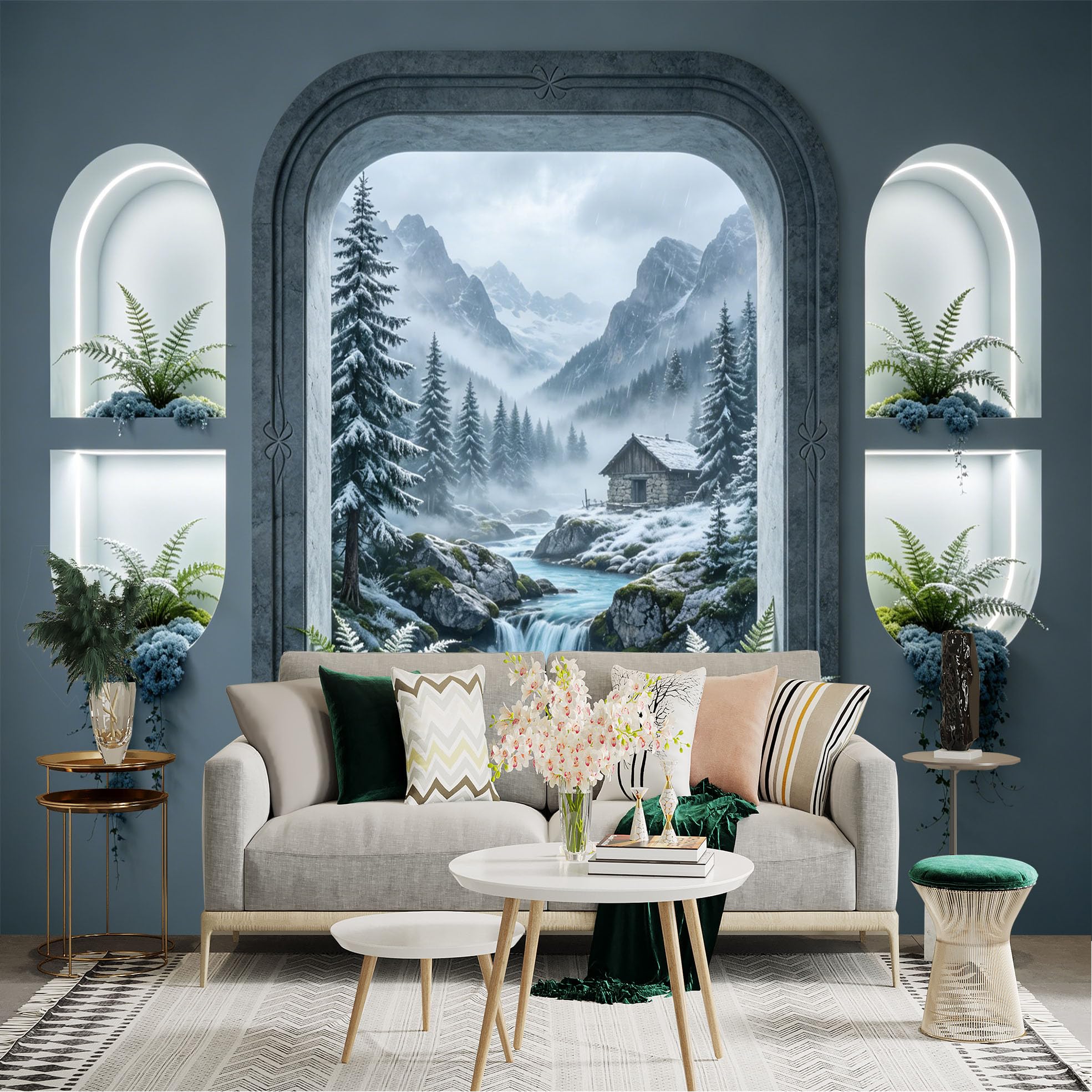 Lnzczhyre Dbh260521479 Custom Size Wall Sticker Mural， Snowy Mountain Cabin， Frozen River Landscape， Winter Pine Forest View， For Wall Decoration， Peelandstick Wall Decals.