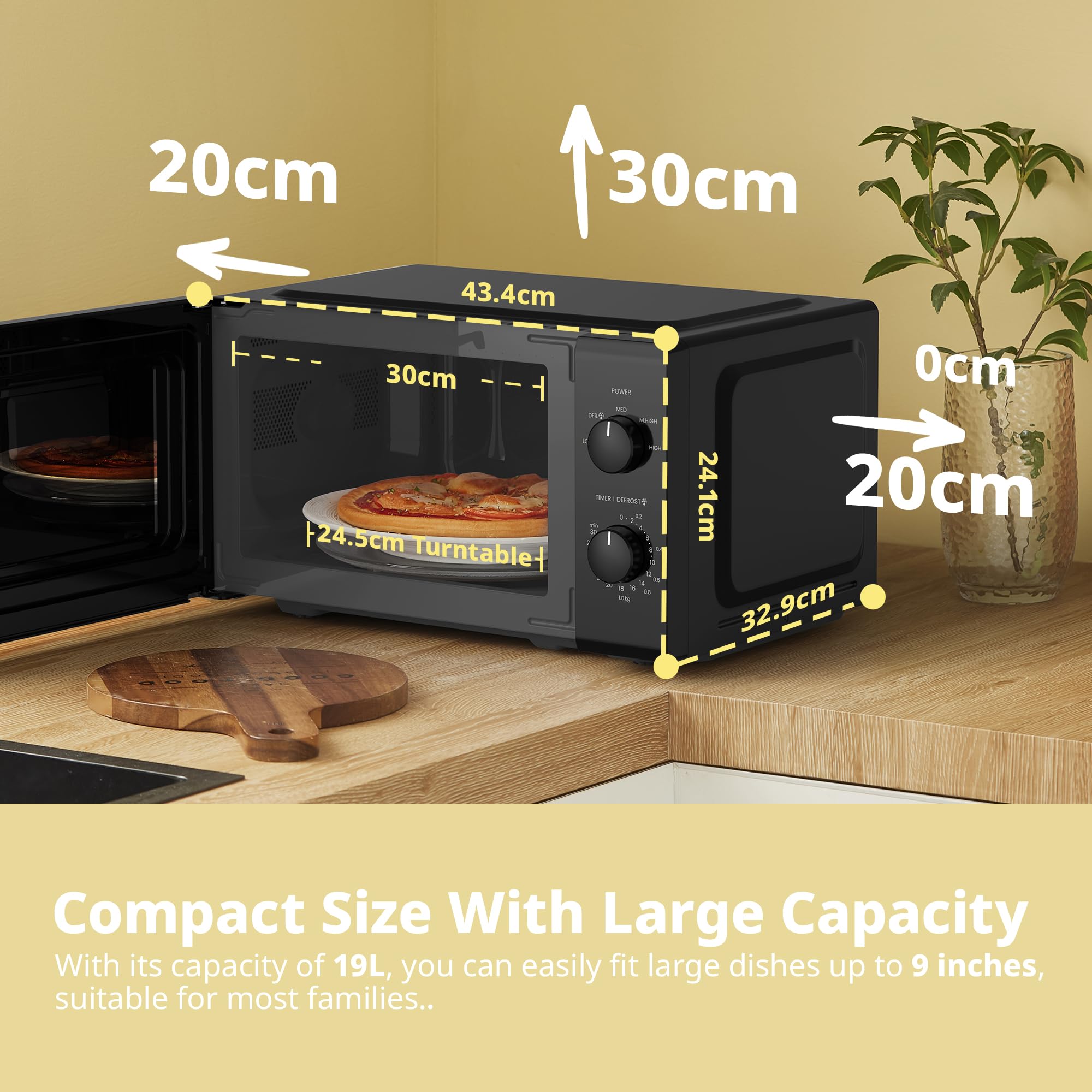 COMFEE' 19L 700W Black and Mirror Mini Microwave Oven, Compact Design, InverTech and Quick Defrost Function, 5 Cooking Power Levels with Kitchen Manual Timer - Mirror Design CMO-MP012ND(MB) — view 3
