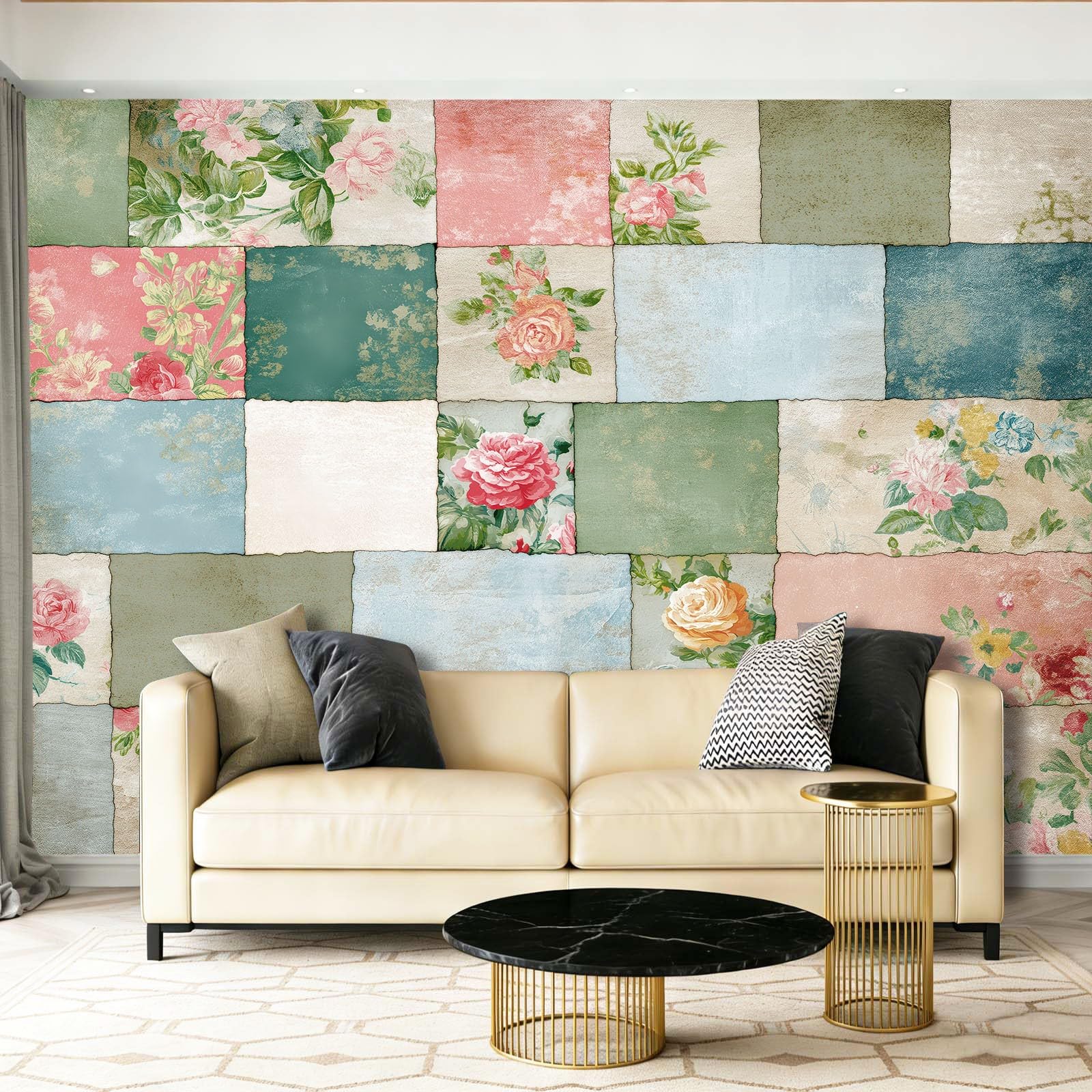 Tapeta fototapeta retro, wiejski wzór kwiatowy, patchwork, tapeta ścienna, salon, sypialnia, biuro, korytarz, kolorowa tapeta na fizelinie, tapeta ścienna, dekoracja ścienna, 350 x 256 cm
