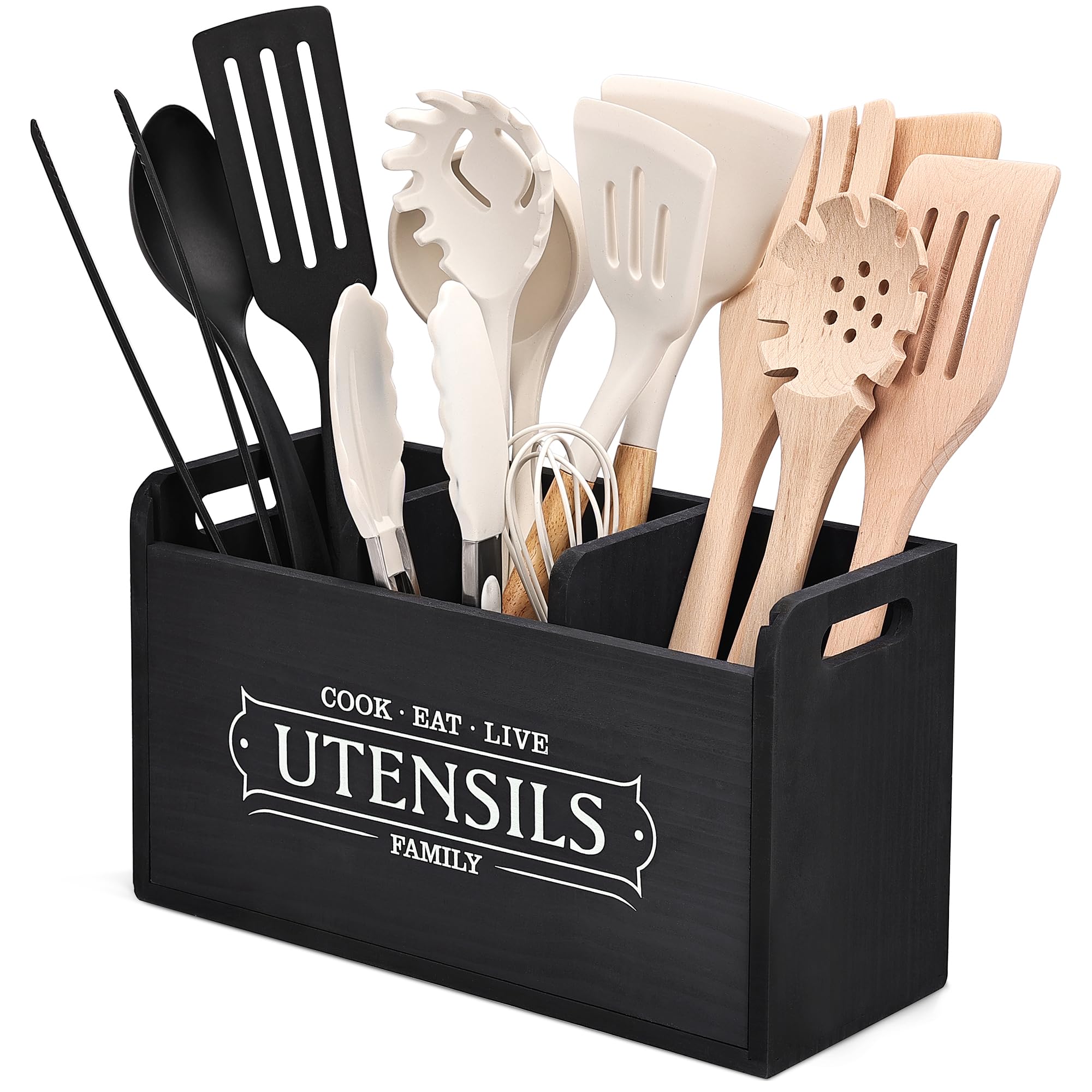 Ella & Emma Kitchen Utensil Holder with 3 Compartments, Rustic Wooden Storage Organizer Box Vintage Cutlery Farmhouse Flatware Utensil Caddy Countertop for Silverware Fork Spoon Spatula