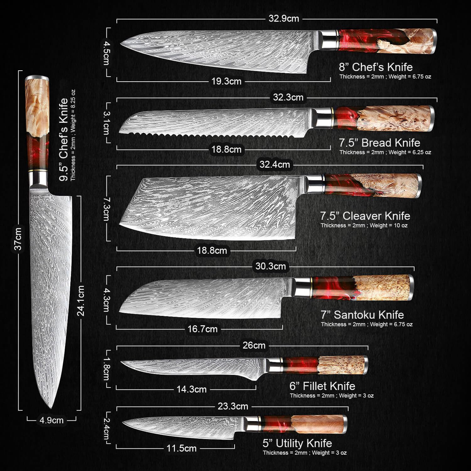 SENKEN 7-Piece Damascus Kitchen Knife Set - Tsunami Collection - 67-Layer Japanese VG10 Steel - Chef's Knife, Cleaver, Santoku, Bread, Boning, & More (Red Resin Blend) — Amazon image 5
