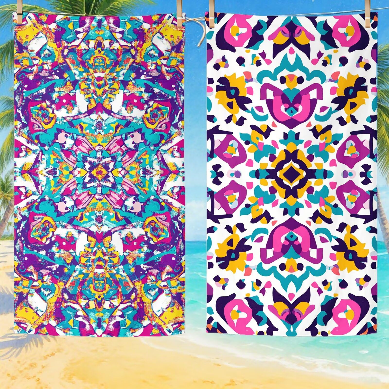 Strandtuch Retro Mikrofaser Strandtuch XXL 220x100 2 Set, Strandhandtuch mit Sandfrei, Schnelltrocknend, Absorbierend, handtücher groß für Badezimmer, Strand, Schwimmen, Geschenke für Männer Q-357