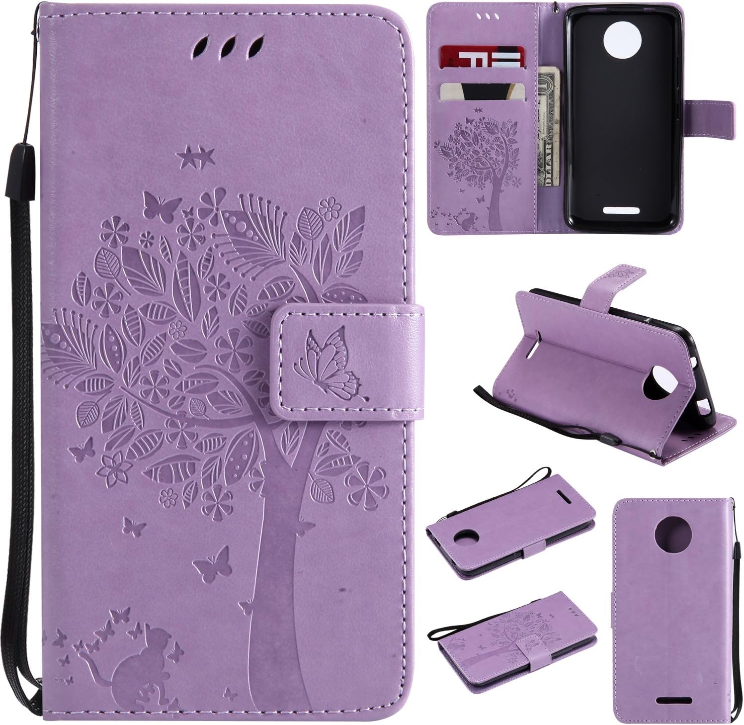WindTeco Moto C Case, Bookstyle Embossed Tree Cat Butterfly PU Leather Case Wallet Flip Cover Magnetic Closure with Card Slots & Stand Function Protective Case for Motorola Moto C