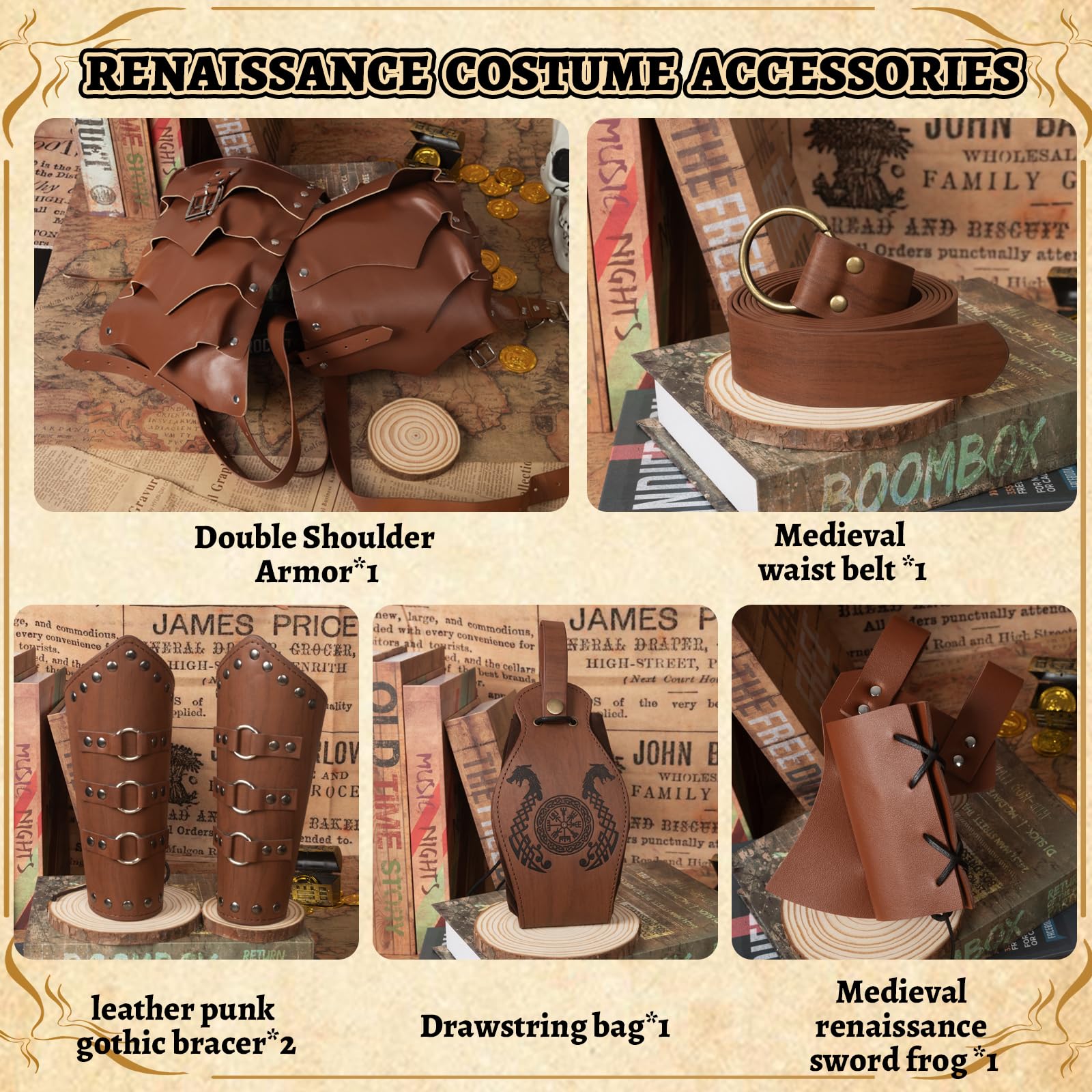 Halloween Medieval Belt Suit, Viking Clothing Accessories, Medieval Knight Costume Accessories Set of 5 for Cosplay Wizard - Image 3