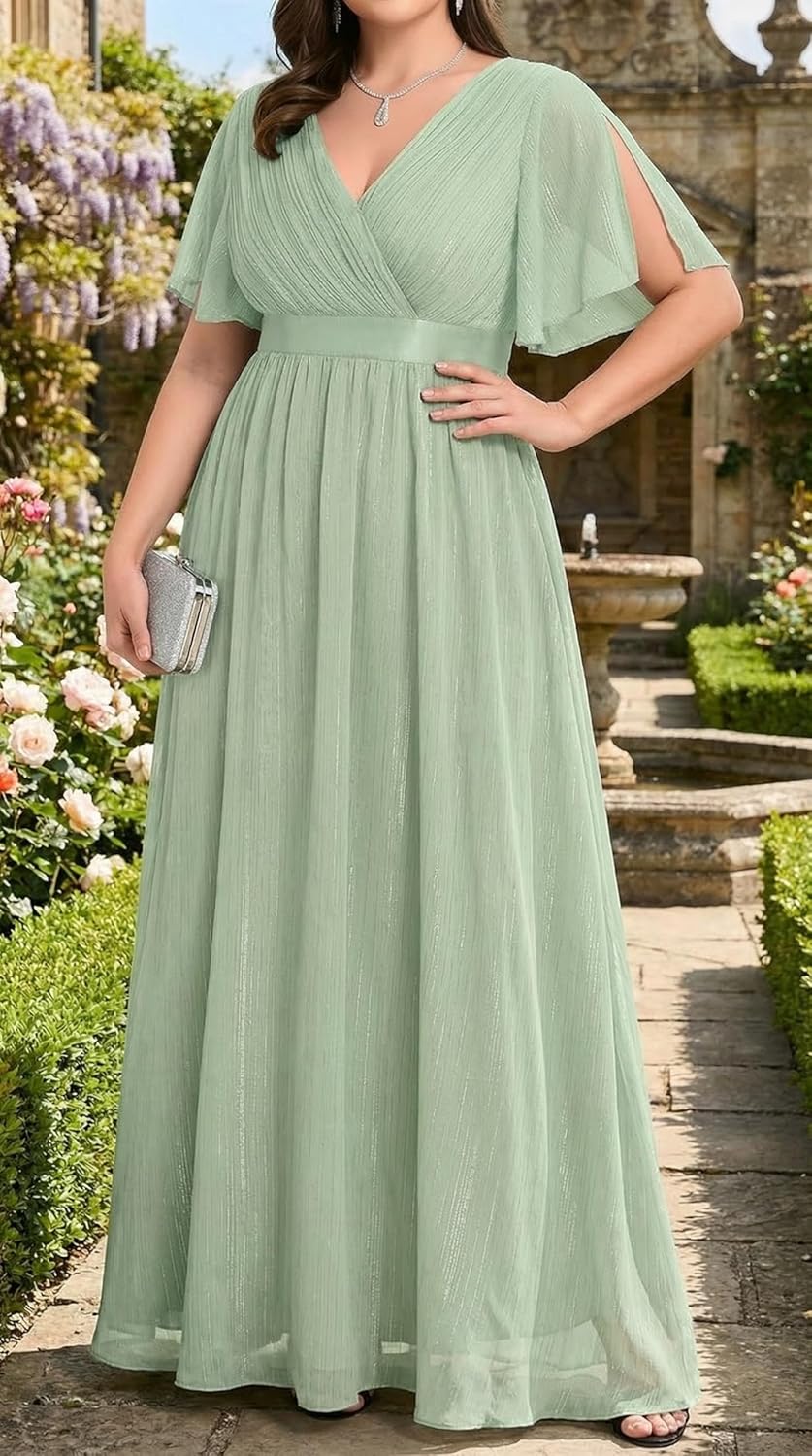 Plus Size Formal Dress - Chiffon V Neck Bridesmaid Wedding Guest Party Short Sleeve A-Line Floor Length Dresses - Image 2
