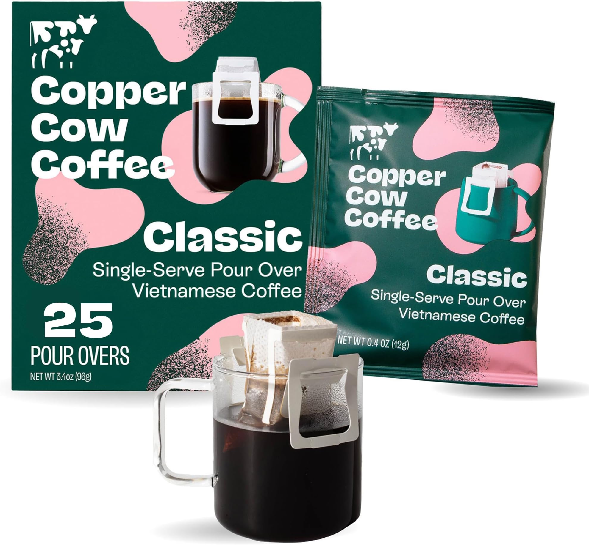 Copper Cow Coffee Premium Pour Over Single-Serve Vietnamese Coffee Pouches (25 pack) | Classic Black | Dark Roast | Convenient Vietnamese Ground Coffee Packets, Travel Friendly