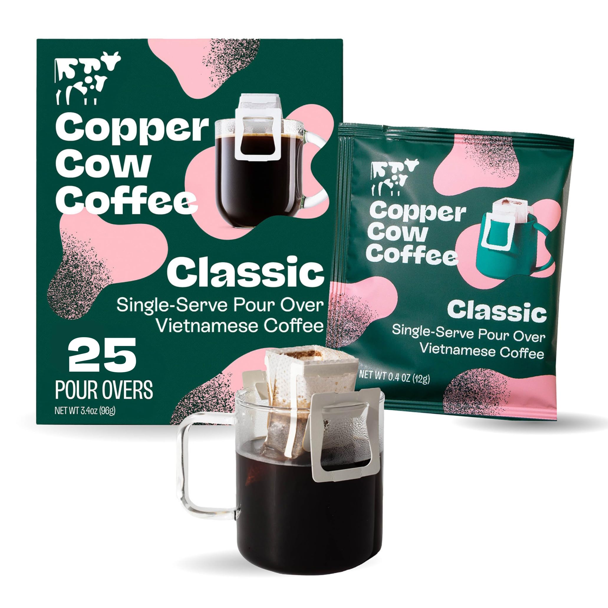 Premium Pour Over Single-Serve Vietnamese Coffee Pouches (25 pack) | Classic Black | Dark Roast | Convenient Vietnamese Ground Coffee Packets, Travel Friendly
