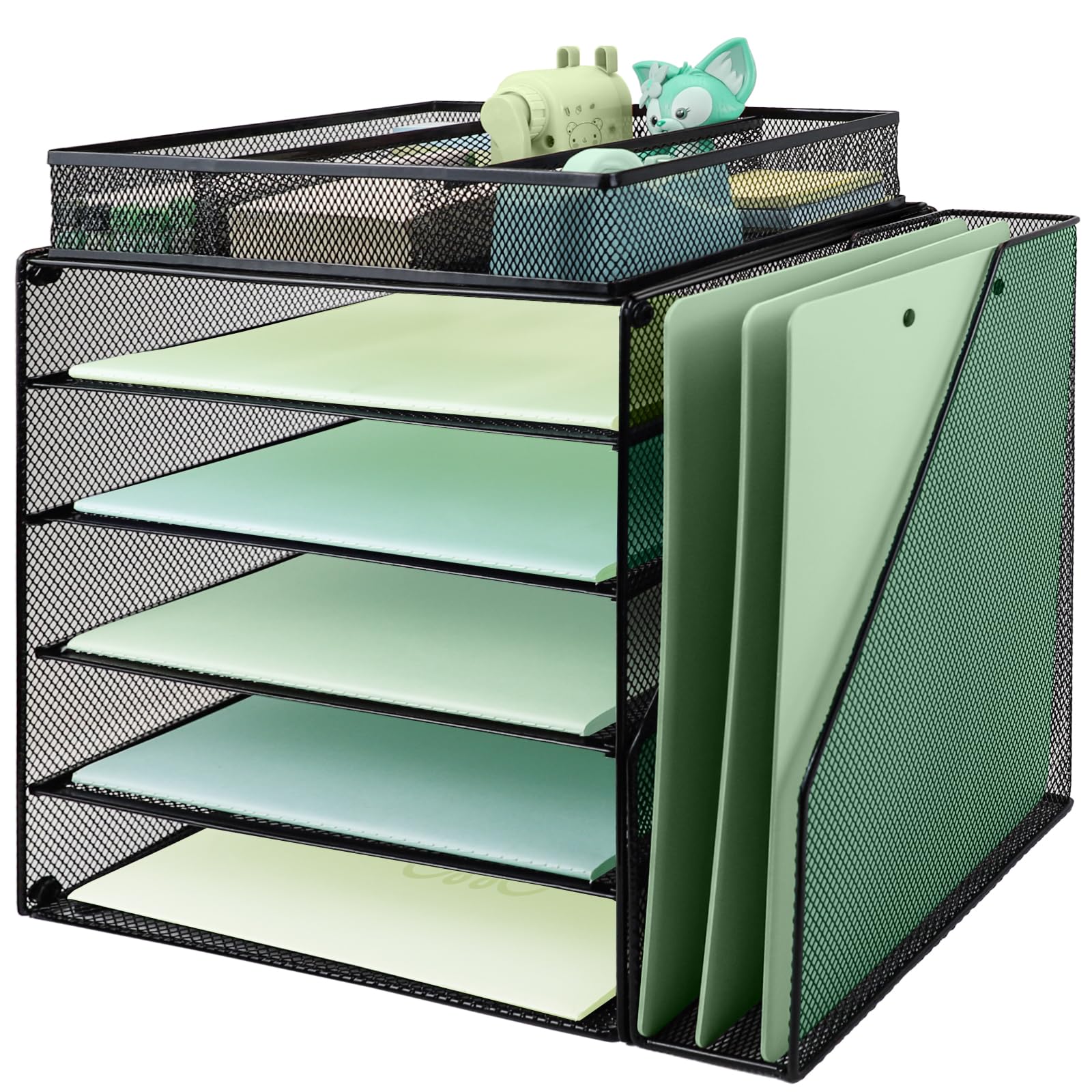 6 Tier Desk File Organiser with Extra Vertical File Sorter, Paper Letter Tray with Top Stationery Drawer Holder, A4 Paper Desktop Filing Trays, Magazine Document Holder for Home Office, Black