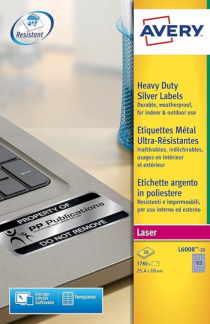 Avery L6008-20 Extra-Strong Adhesive Heavy Duty Labels, 189 Labels Per A4 Sheet - Silver, 25.4 x 10 millimetres